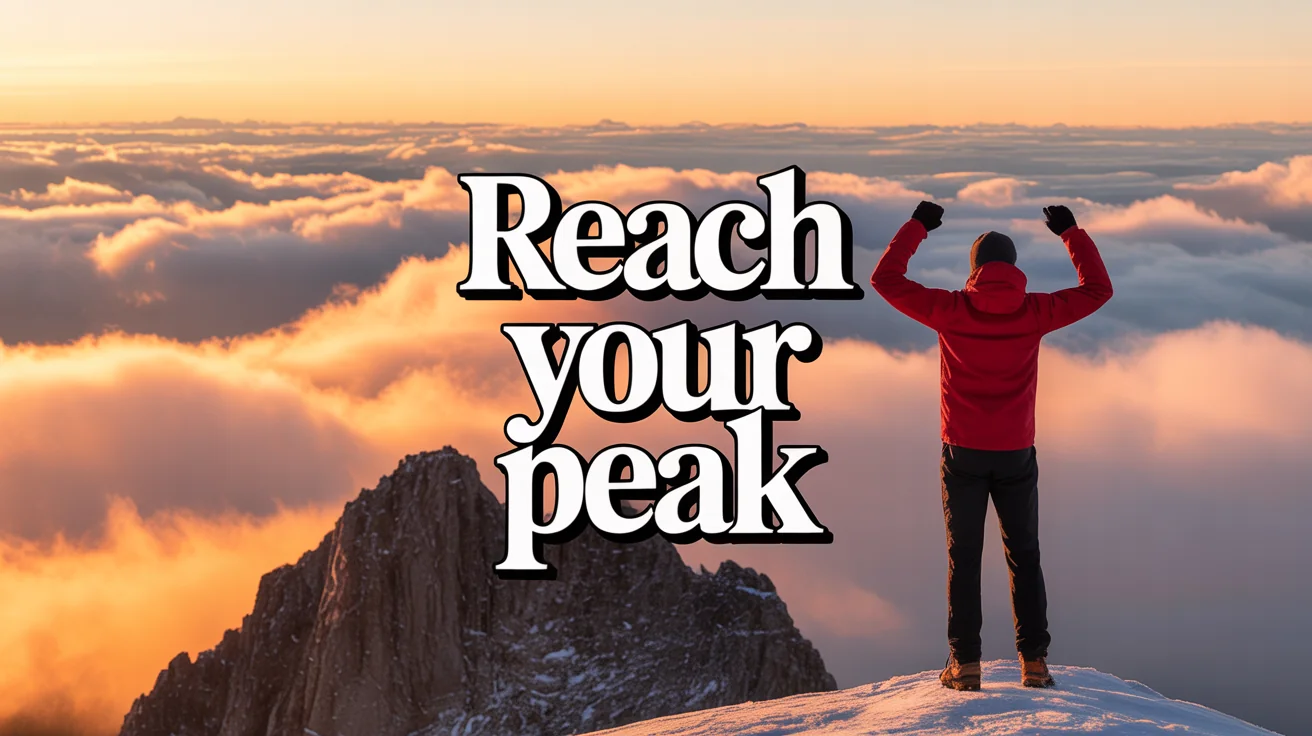 A mockup of a motivational video thumbnail showing a hiker on a mountain peak at sunrise, with the text 'REACH YOUR PEAK' overlaid on the image.