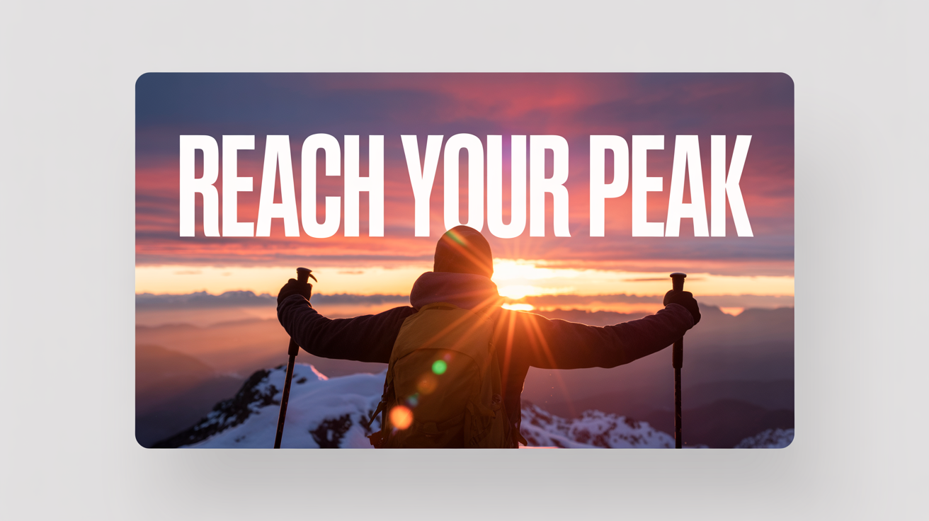 A motivational video thumbnail mockup showing a hiker on a mountain summit at sunrise with the text 'REACH YOUR PEAK' on a white background.
