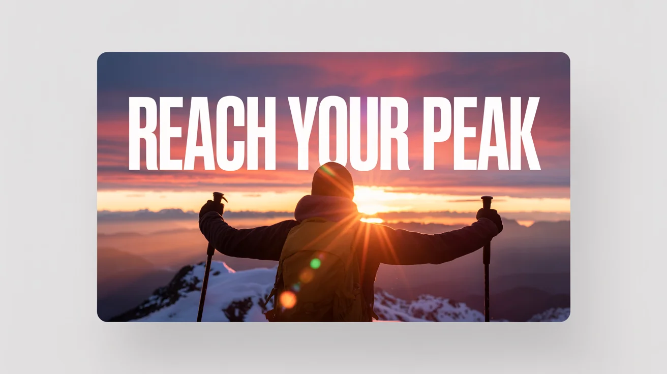A motivational video thumbnail mockup showing a hiker on a mountain summit at sunrise with the text 'REACH YOUR PEAK' on a white background.