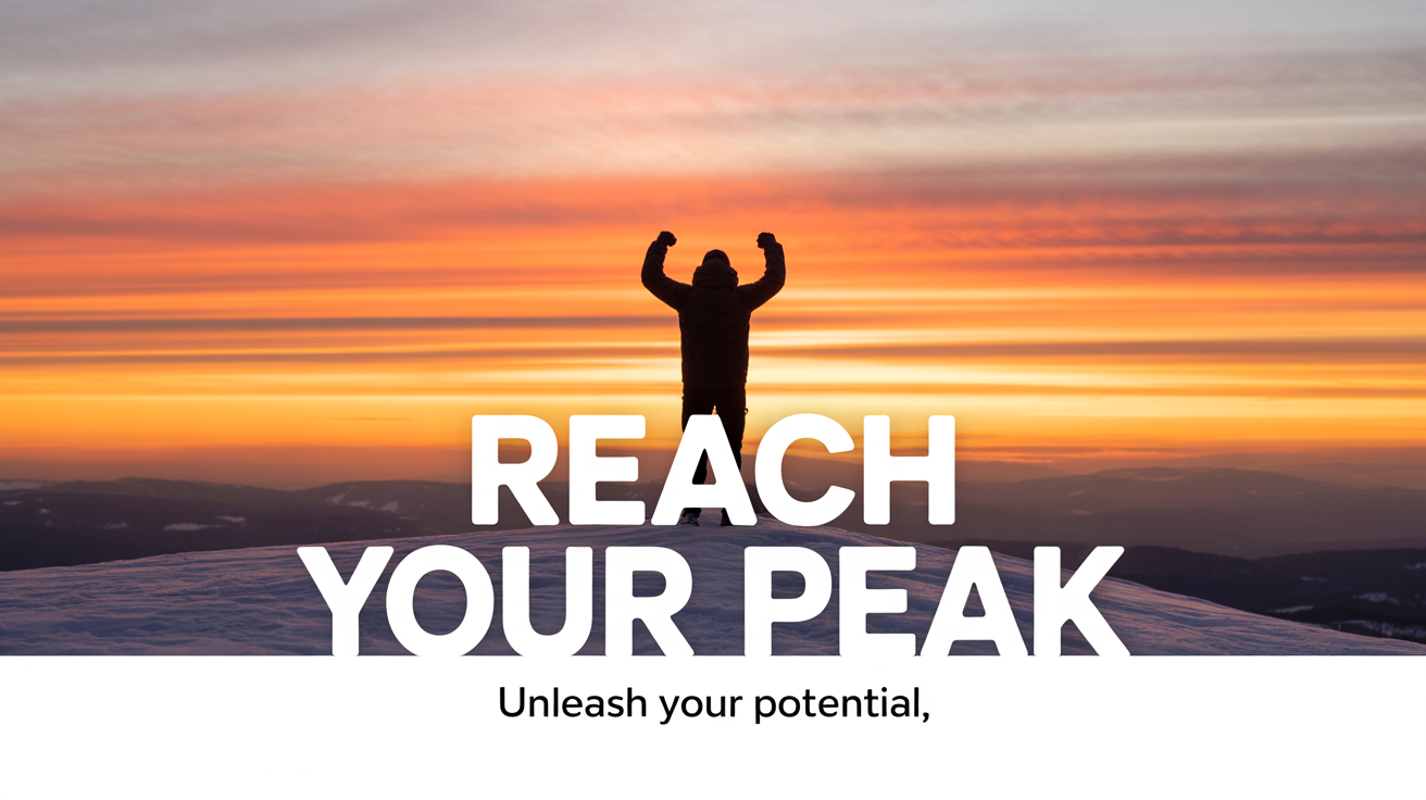 A motivational video thumbnail mockup showing a silhouette of a person on a mountain summit at sunrise, with the bold text 'REACH YOUR PEAK' overlaid.
