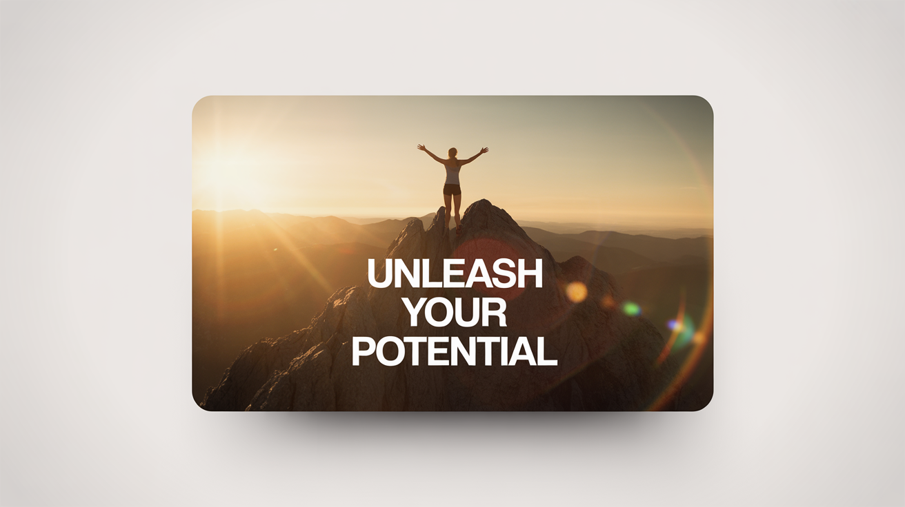 A motivational video thumbnail mockup showing an athlete at a mountain's peak at sunrise with their arms raised, with text that reads 'UNLEASH YOUR POTENTIAL'.