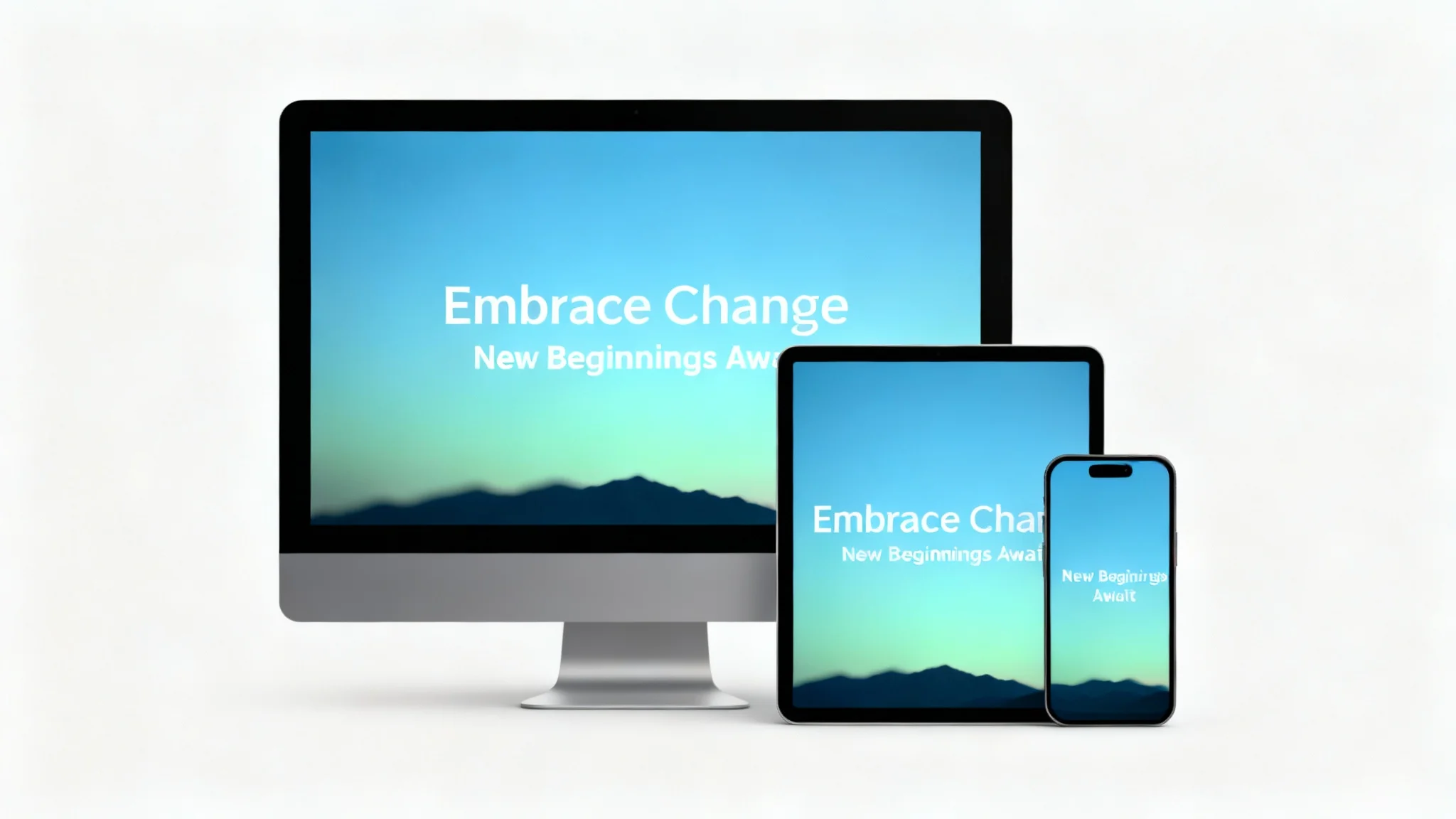 A mockup showing a single serene landscape wallpaper perfectly resized to fit the screens of a desktop monitor, a tablet, and a smartphone, all displayed together to demonstrate a wallpaper resizing tool.