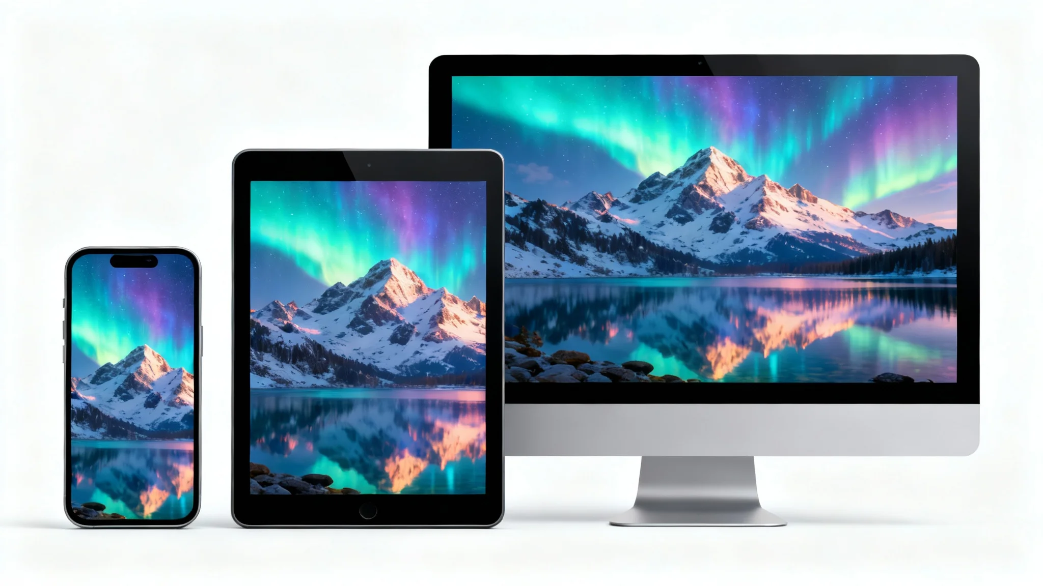 A smartphone, a tablet, and a desktop monitor arranged in a row, each showing the same beautiful mountain landscape wallpaper perfectly resized to fit its screen, demonstrating a wallpaper resizing tool.