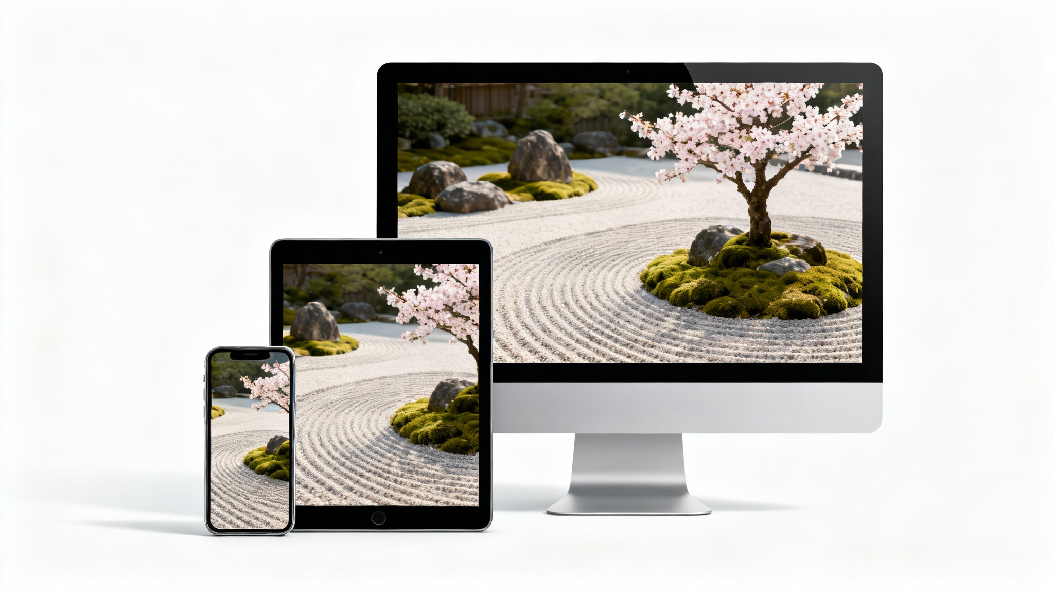 A smartphone, tablet, and desktop monitor displaying the same beautiful zen garden wallpaper, each perfectly resized to fit its screen, demonstrating a wallpaper resizing tool.