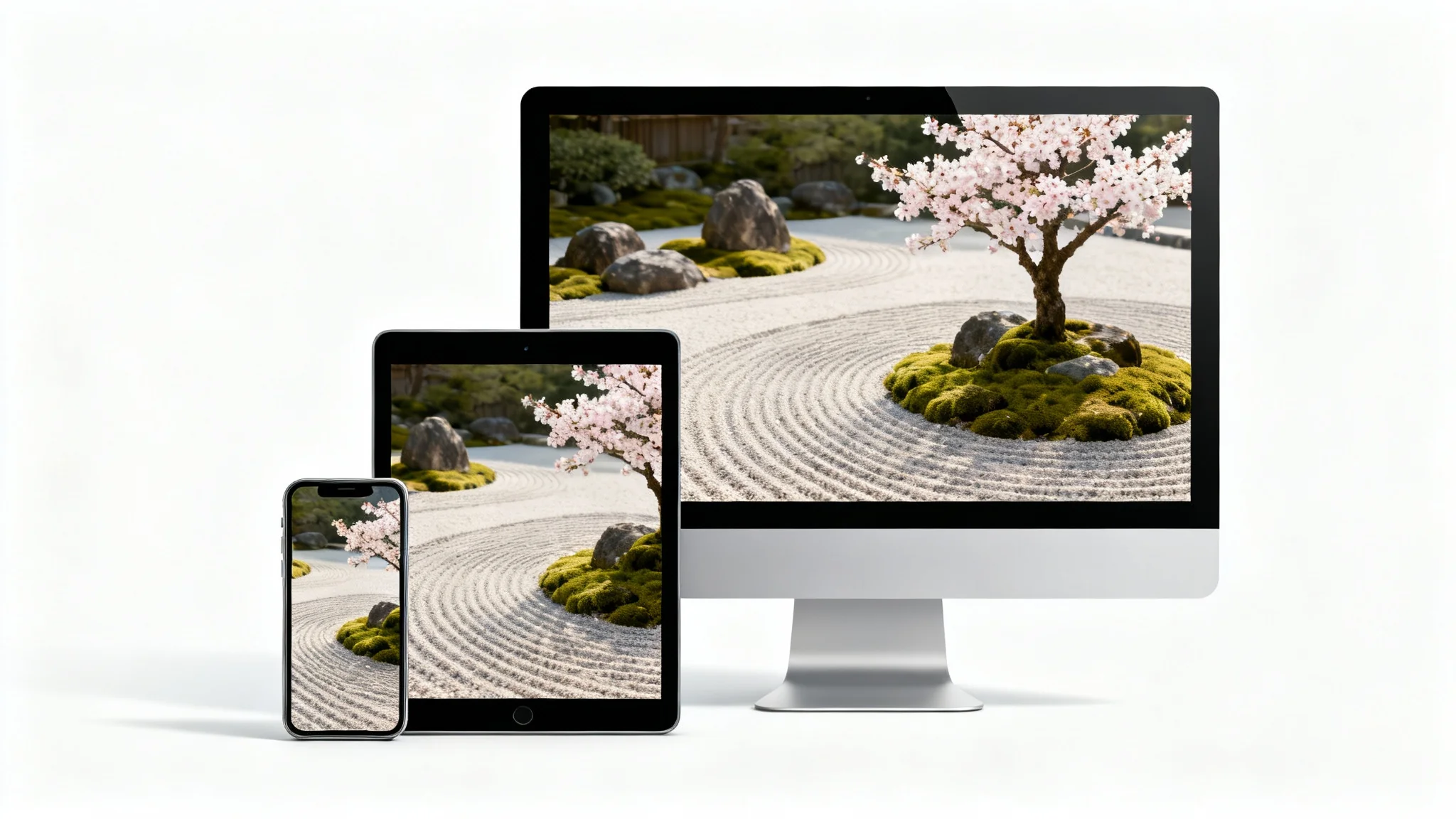 A smartphone, tablet, and desktop monitor displaying the same beautiful zen garden wallpaper, each perfectly resized to fit its screen, demonstrating a wallpaper resizing tool.