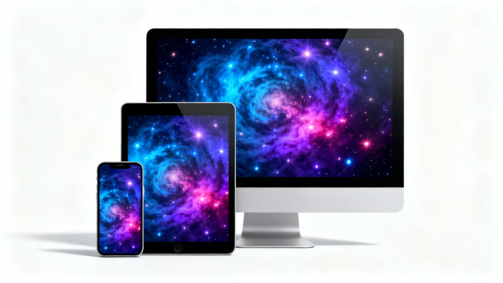 A smartphone, a tablet, and a desktop monitor arranged together, each displaying the same vibrant cosmic nebula wallpaper perfectly resized for each screen.