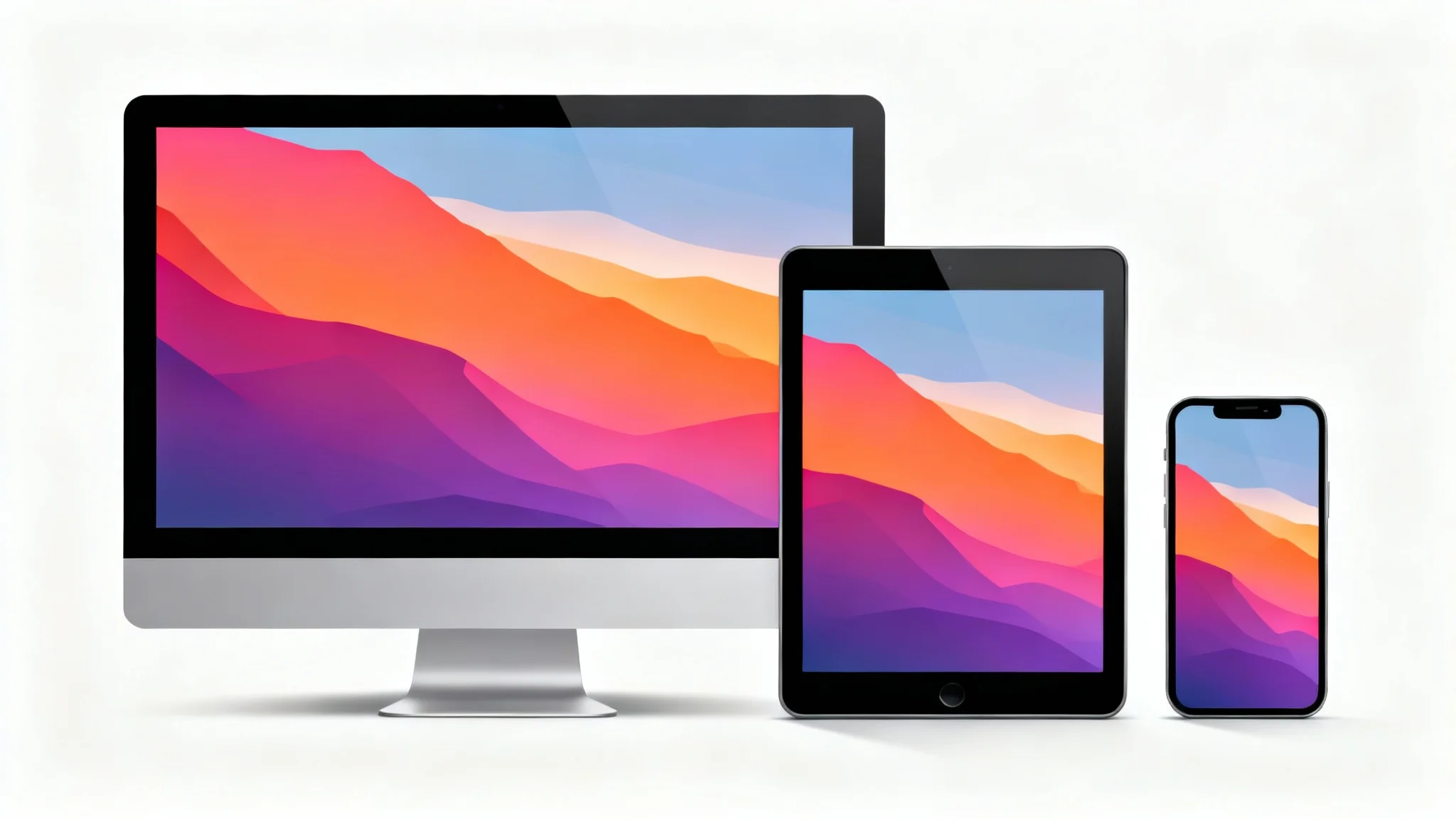 A desktop monitor, tablet, and smartphone are lined up, each displaying the same colorful abstract landscape wallpaper that has been perfectly resized for each screen.
