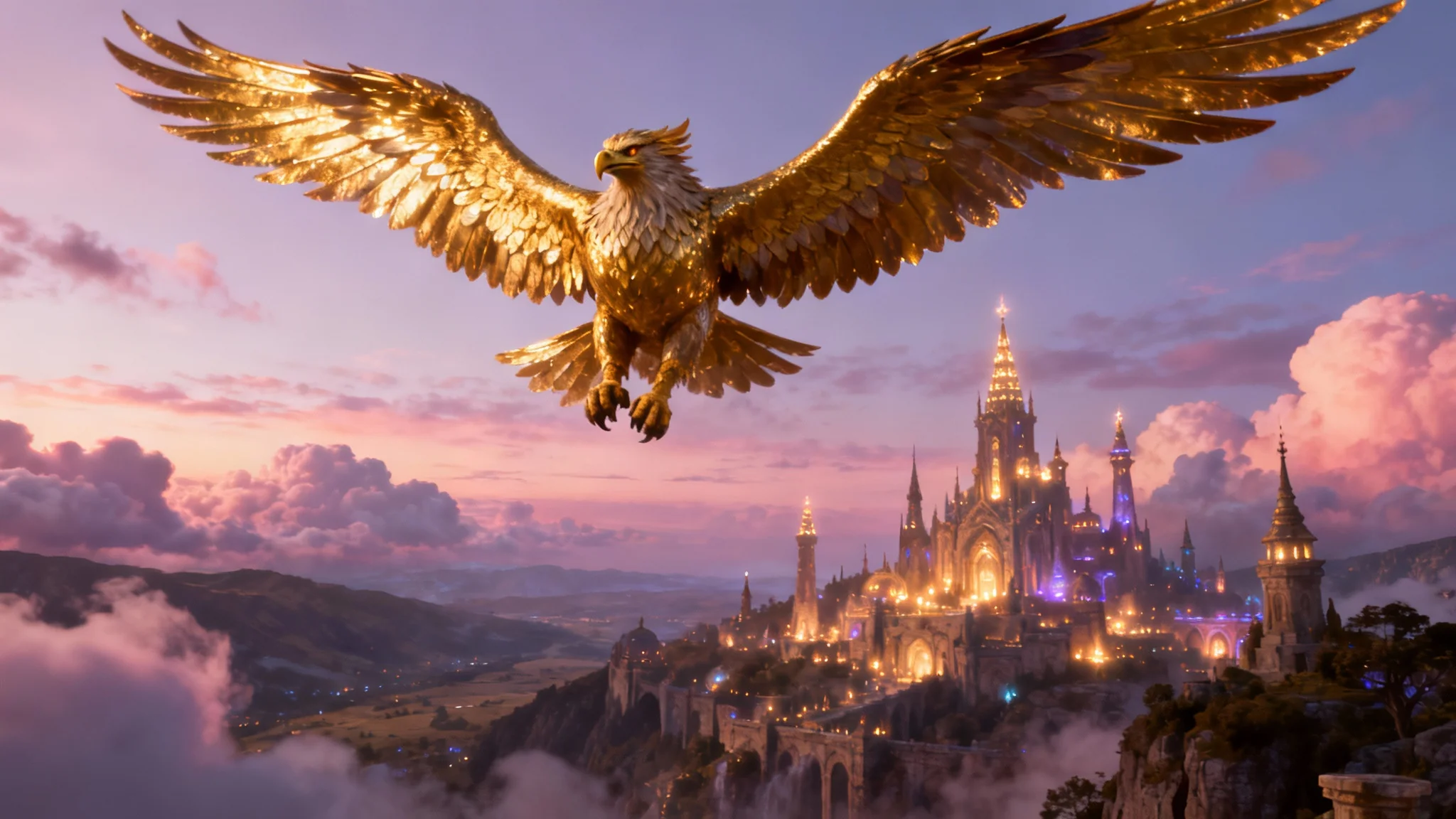 A cinematic still from a high-quality animation showing a golden griffin flying over a mystical city at twilight, representing the output of a text-to-animation tool.
