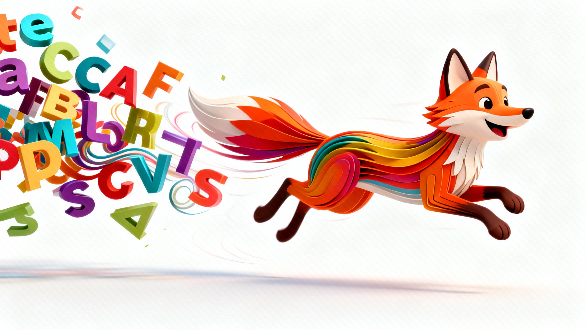 A visual representation of text-to-animation, showing colorful letters on a white background transforming into a dynamic, animated cartoon fox mid-jump.