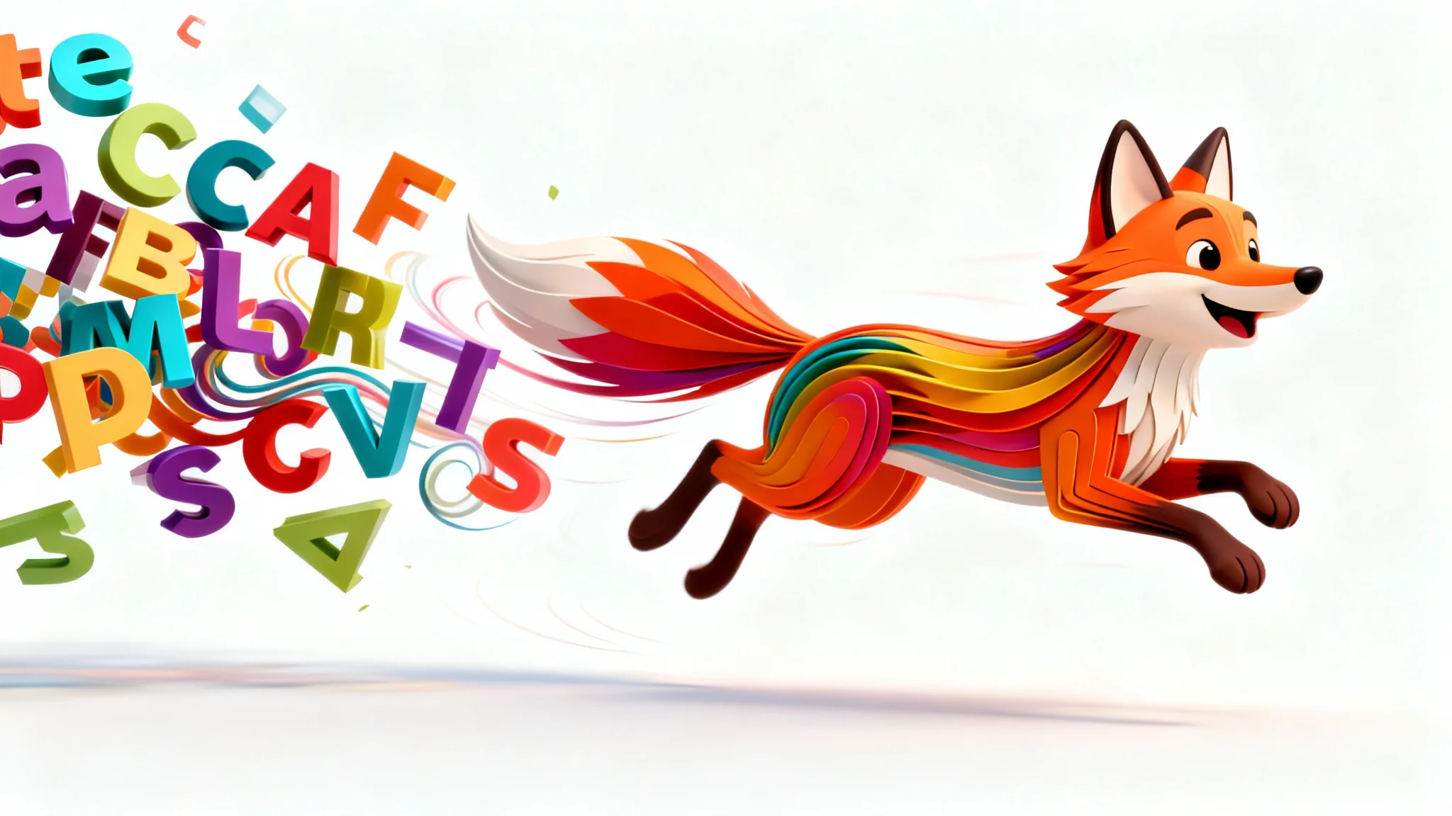 A visual representation of text-to-animation, showing colorful letters on a white background transforming into a dynamic, animated cartoon fox mid-jump.
