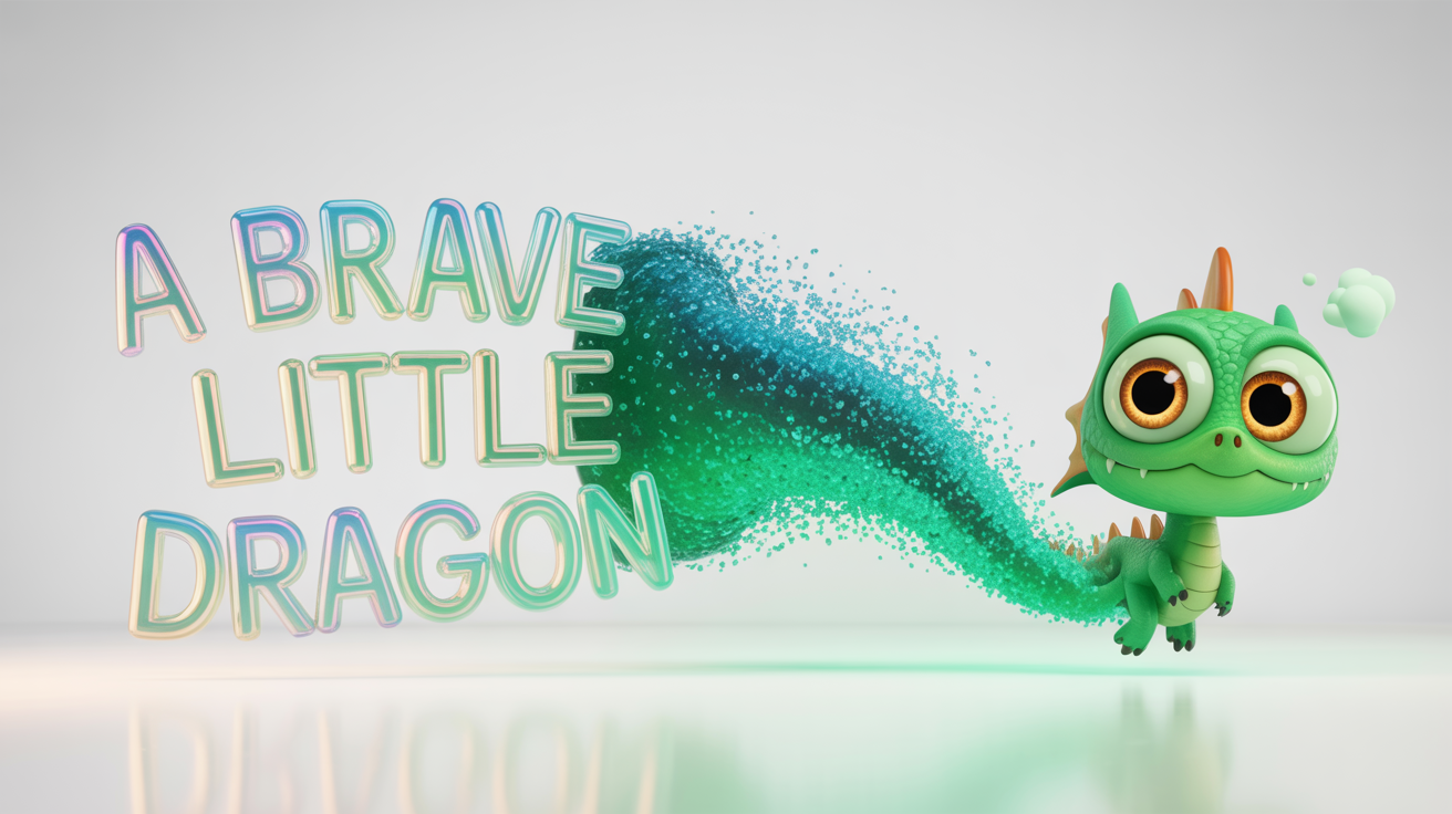 An illustration showing the words 'A brave little dragon' transforming into a small, friendly 3D cartoon dragon against a white background, symbolizing text-to-animation technology.