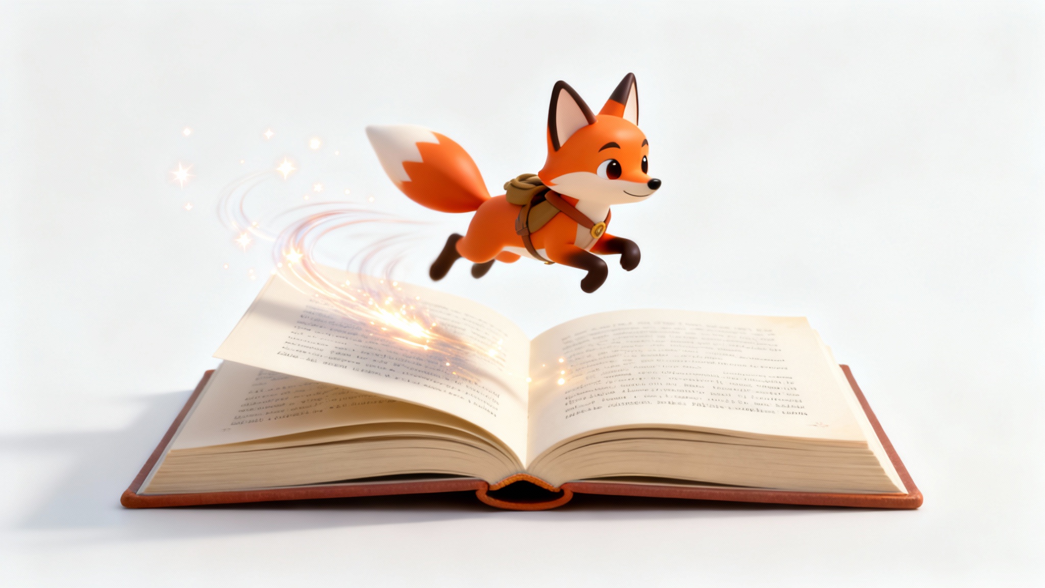 A 3D animated fox character leaping out of the pages of an open book, set against a clean white background, illustrating text being transformed into animation.