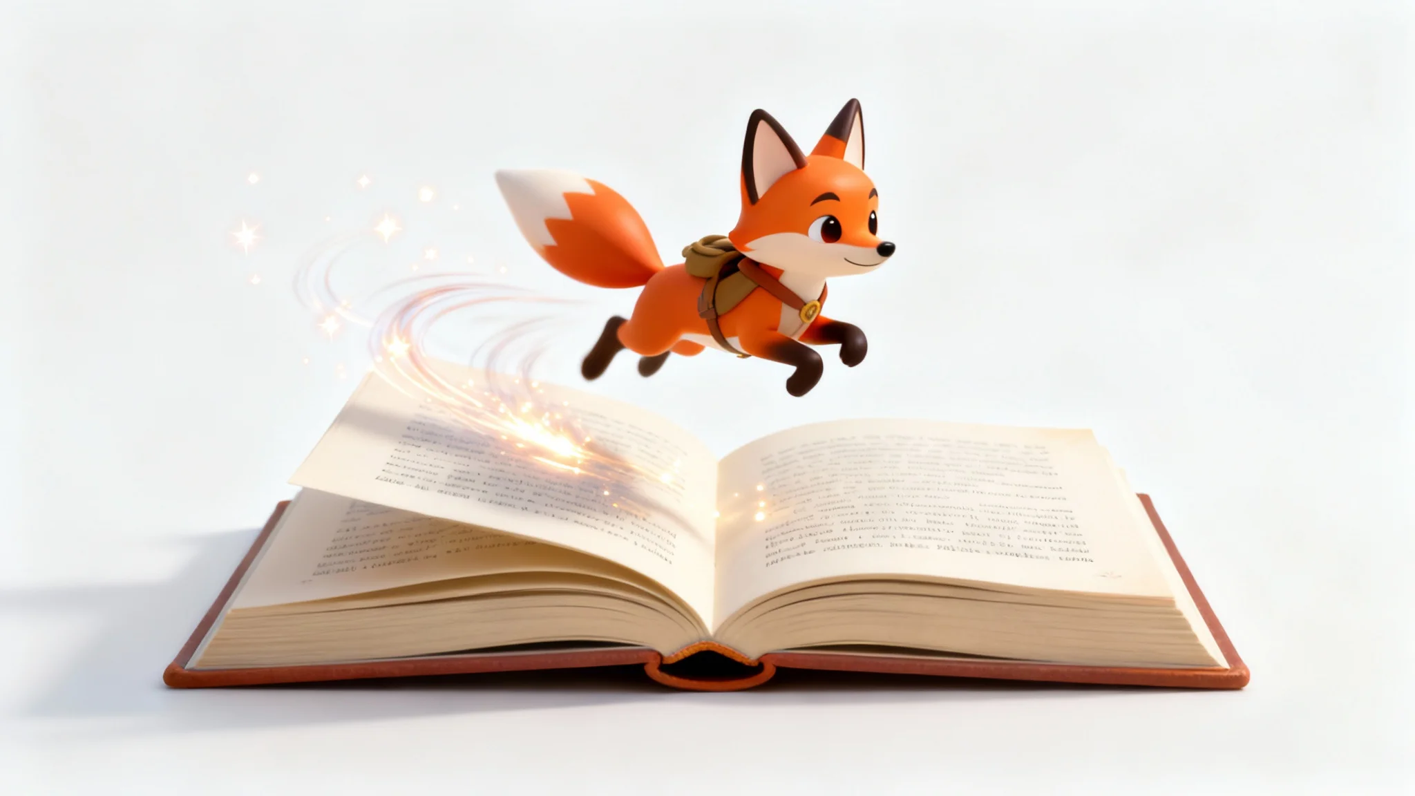 A 3D animated fox character leaping out of the pages of an open book, set against a clean white background, illustrating text being transformed into animation.