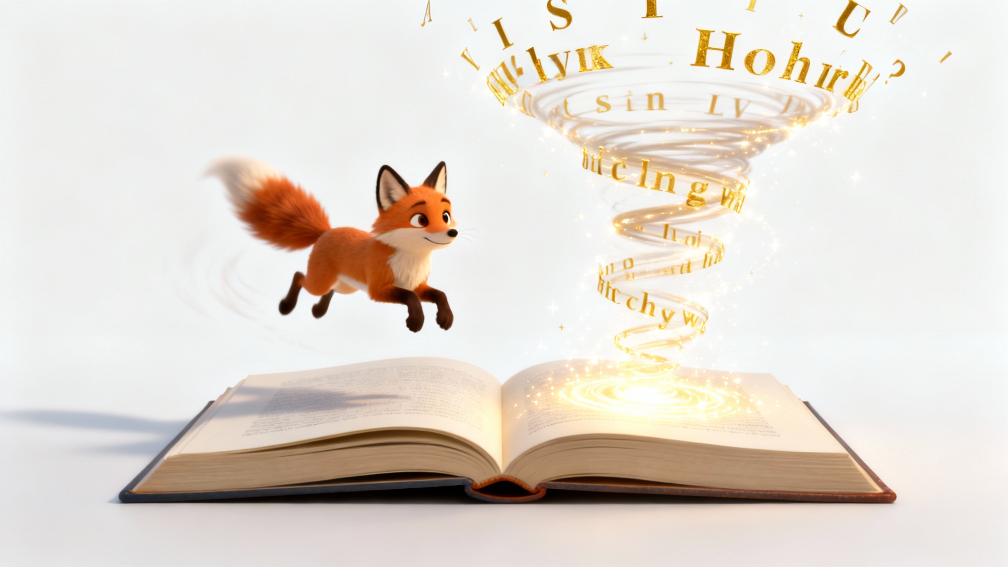 A photorealistic image of an open book on a white background, with glowing text rising from the page and transforming into a 3D animated fox, symbolizing text-to-animation technology.