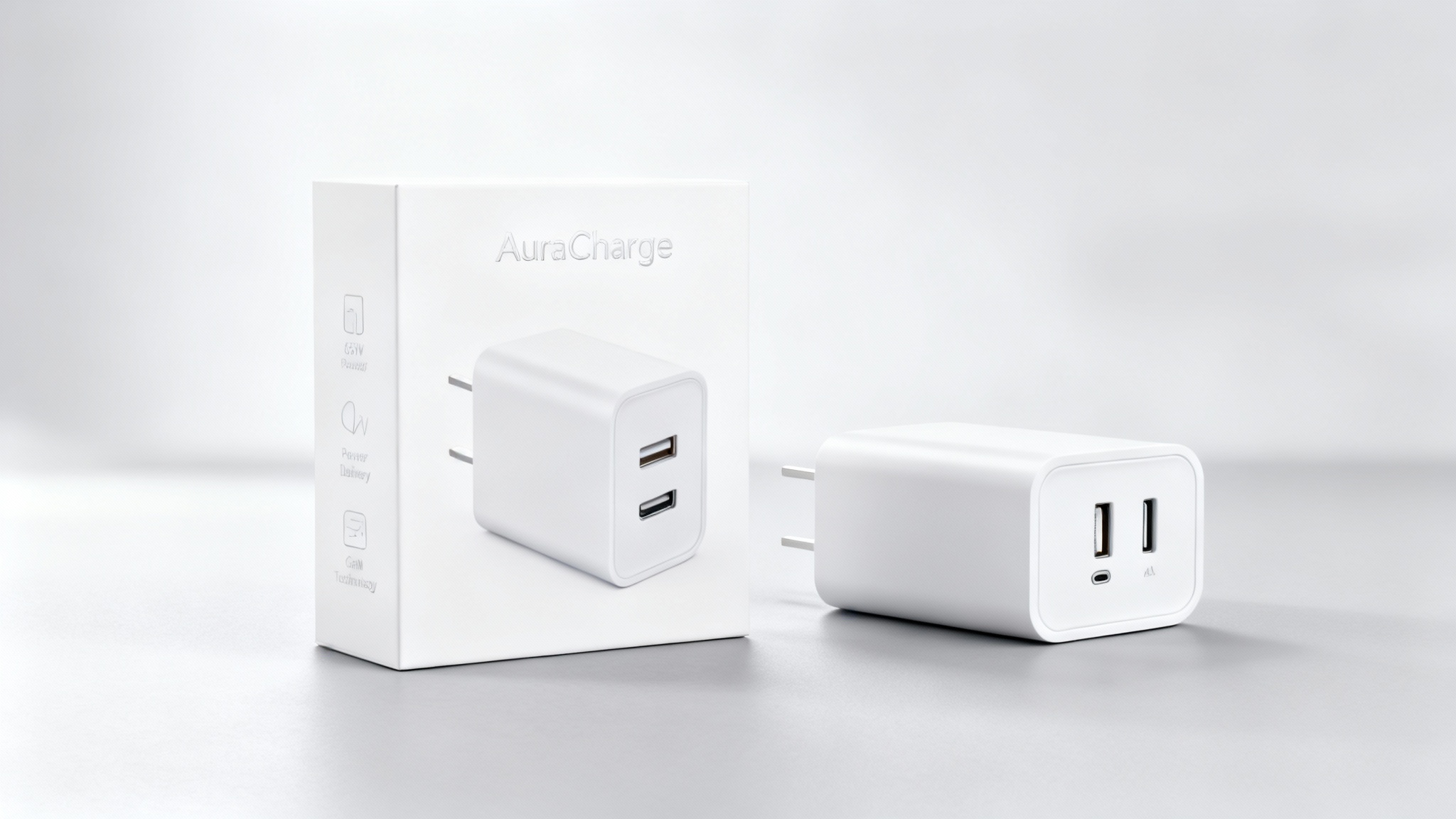 An eye-catching commercial mockup of packaging for a tech product. Two minimalist white boxes for a charger are displayed on a clean surface, with one showing a picture of the dual-port charger and the brand name 'AuraCharge', and the other showing technical specification icons on its side.