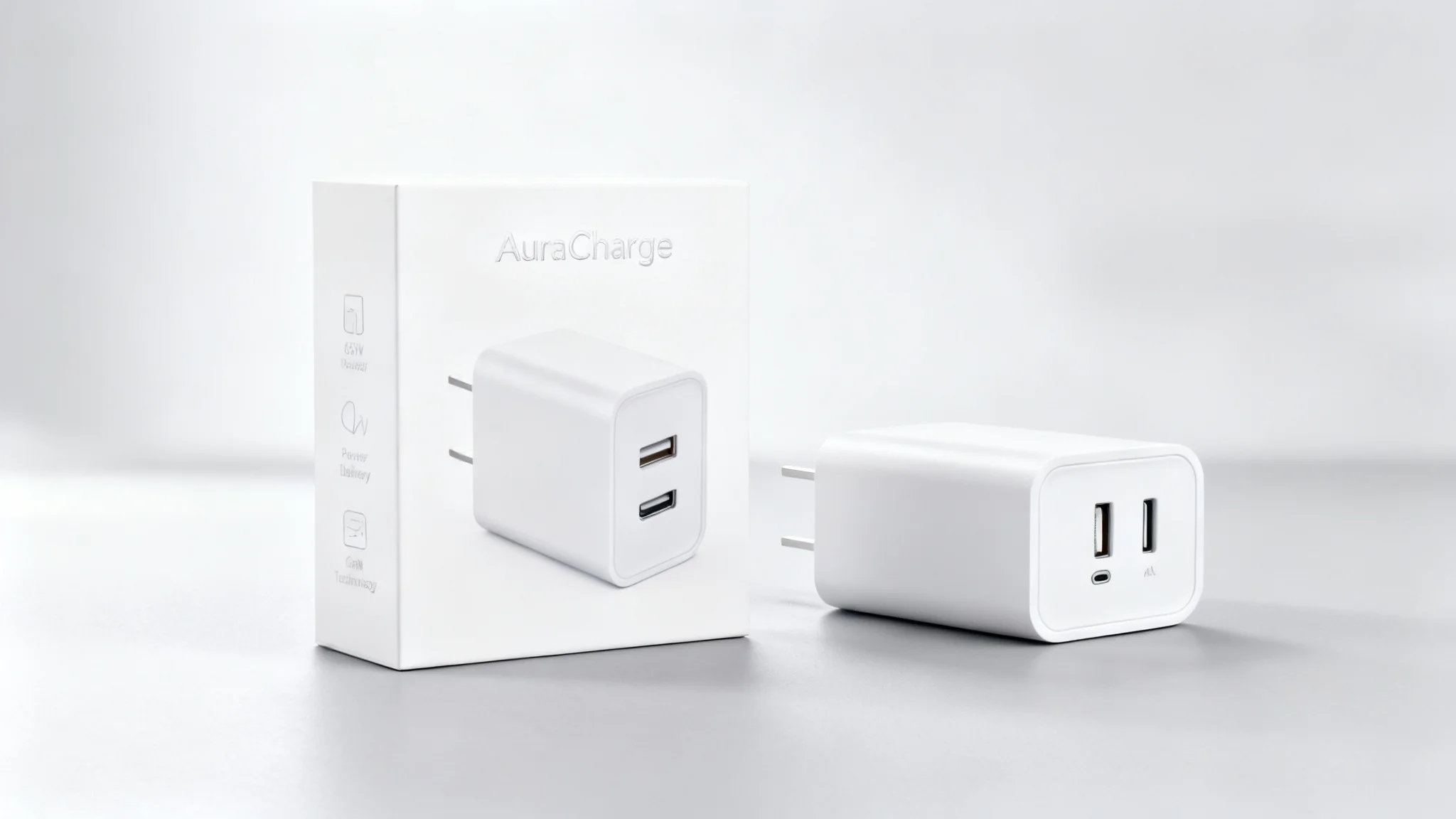An eye-catching commercial mockup of packaging for a tech product. Two minimalist white boxes for a charger are displayed on a clean surface, with one showing a picture of the dual-port charger and the brand name 'AuraCharge', and the other showing technical specification icons on its side.