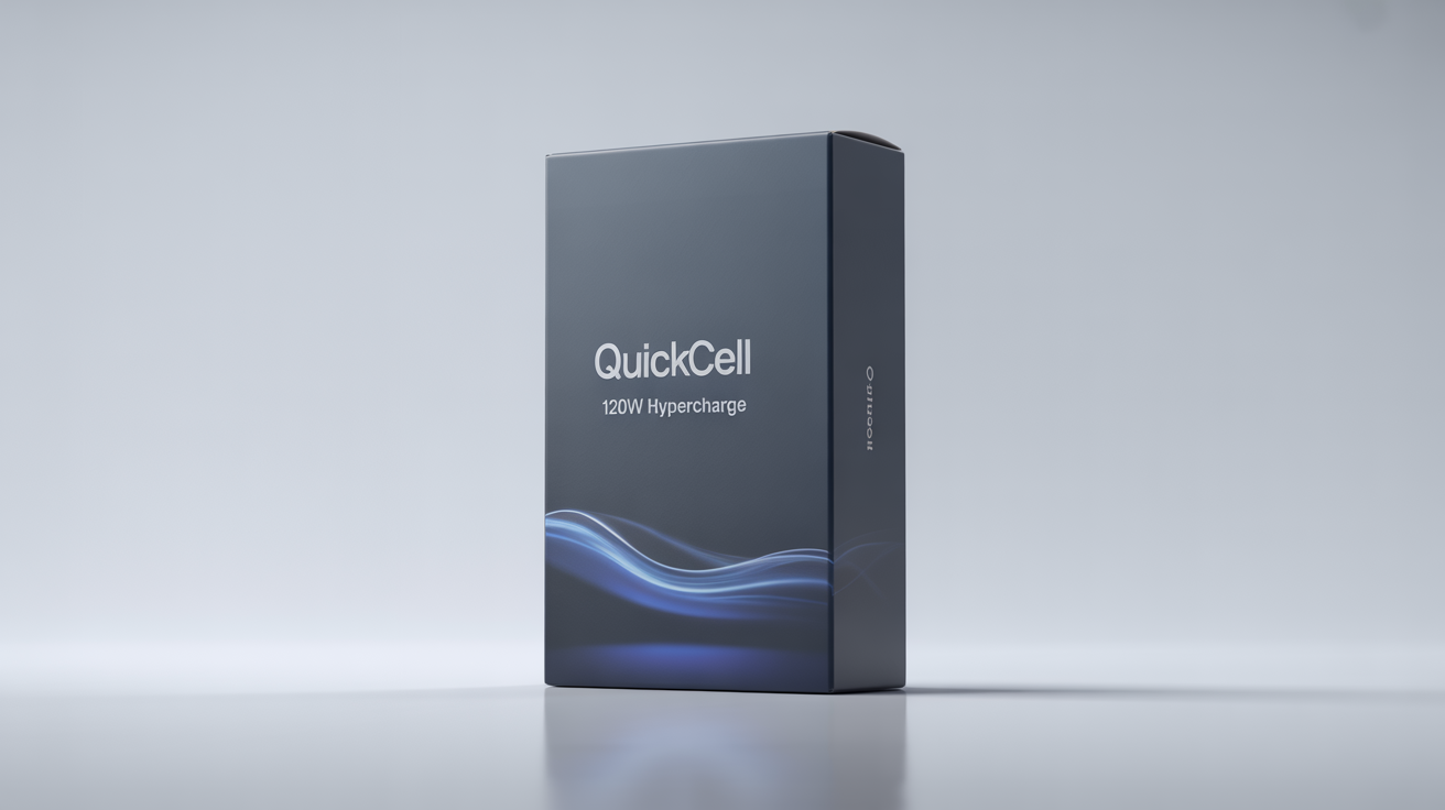 A sleek, dark grey product box for a 'QUICKCELL' 120W hypercharge charger, displayed on a clean white background.
