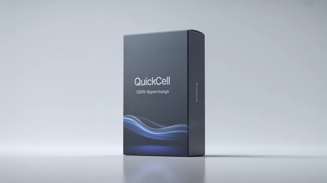 A sleek, dark grey product box for a 'QUICKCELL' 120W hypercharge charger, displayed on a clean white background.