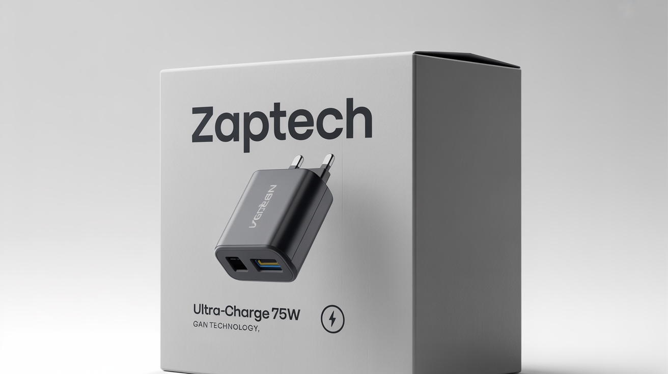A photorealistic mockup of a sleek, white packaging box for a 'ZAPTECH' brand charger, featuring minimalist design and text, set against a plain white background.