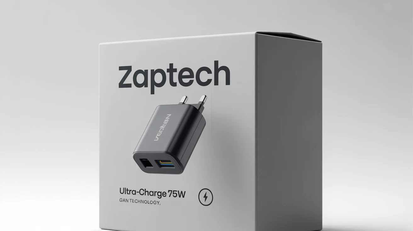A photorealistic mockup of a sleek, white packaging box for a 'ZAPTECH' brand charger, featuring minimalist design and text, set against a plain white background.