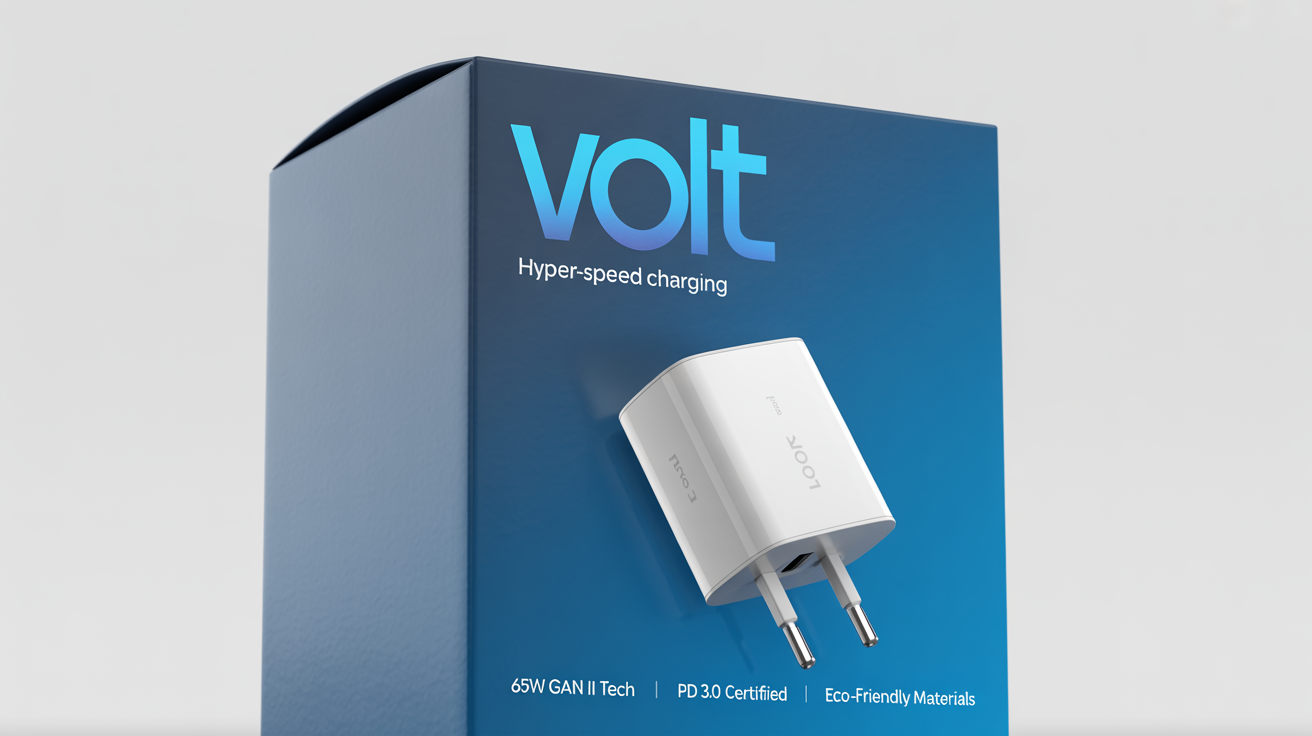 A professional product mockup of the packaging for a 'VOLT' fast charger, featuring a charcoal gray box with blue and white text on a plain white background.
