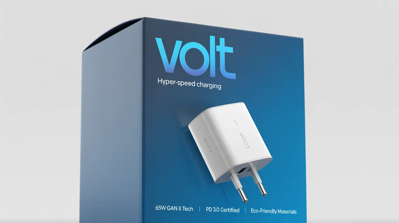 A professional product mockup of the packaging for a 'VOLT' fast charger, featuring a charcoal gray box with blue and white text on a plain white background.