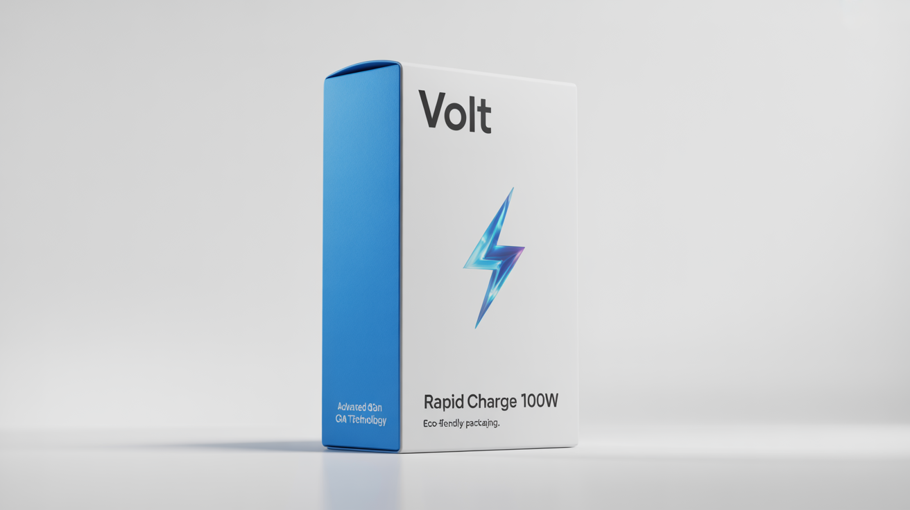 A professional mockup of a minimalist white and blue packaging box for a 'VOLT' brand 'Rapid Charge 100W' charger, displayed against a clean white background.
