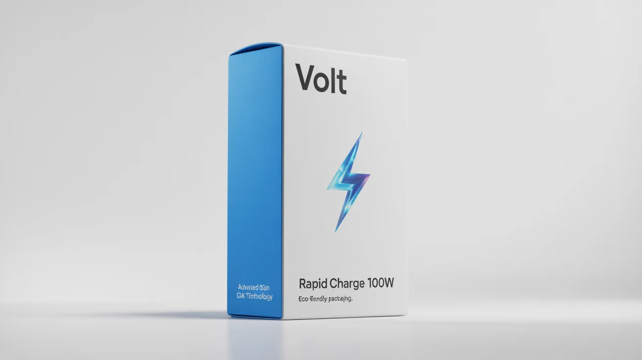 A professional mockup of a minimalist white and blue packaging box for a 'VOLT' brand 'Rapid Charge 100W' charger, displayed against a clean white background.