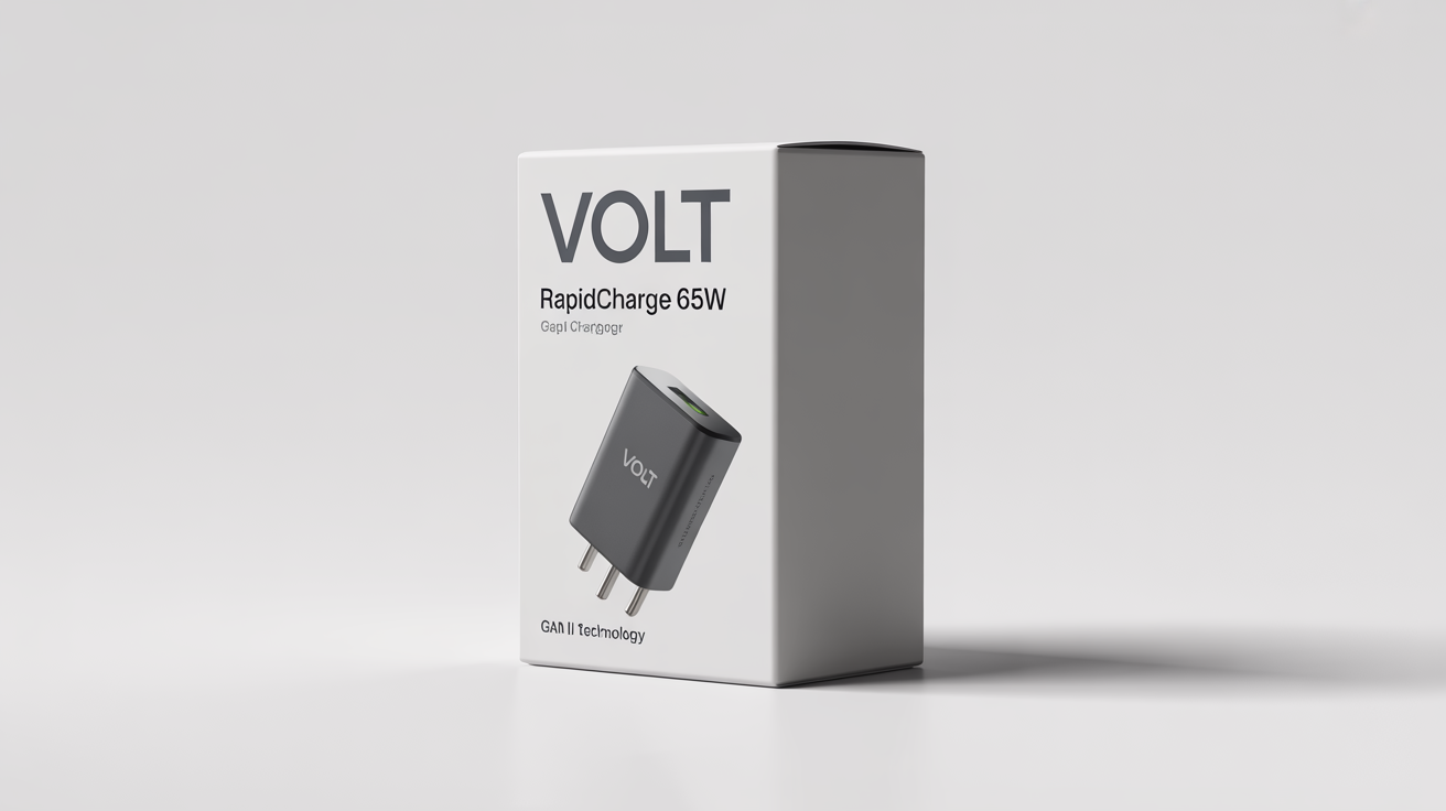 A professional mockup of a modern white product box for a 'VOLT' brand 'RAPIDCHARGE 65W' charger, shown at an angle against a clean white background.
