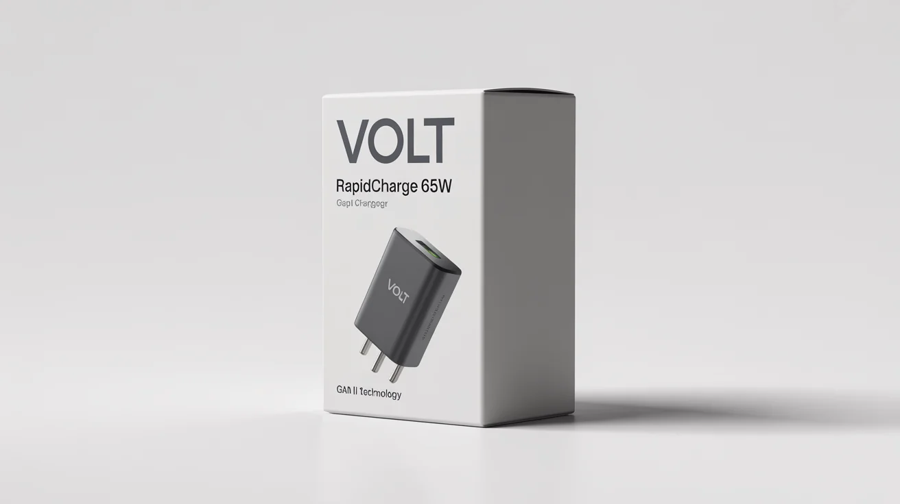 A professional mockup of a modern white product box for a 'VOLT' brand 'RAPIDCHARGE 65W' charger, shown at an angle against a clean white background.