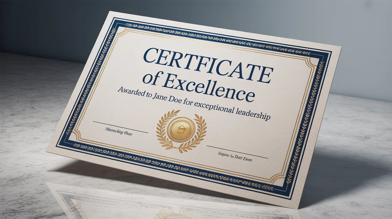 A professionally designed 'Certificate of Excellence' with elegant blue and gold accents and a gold foil seal, shown as a final printed document on a clean background.