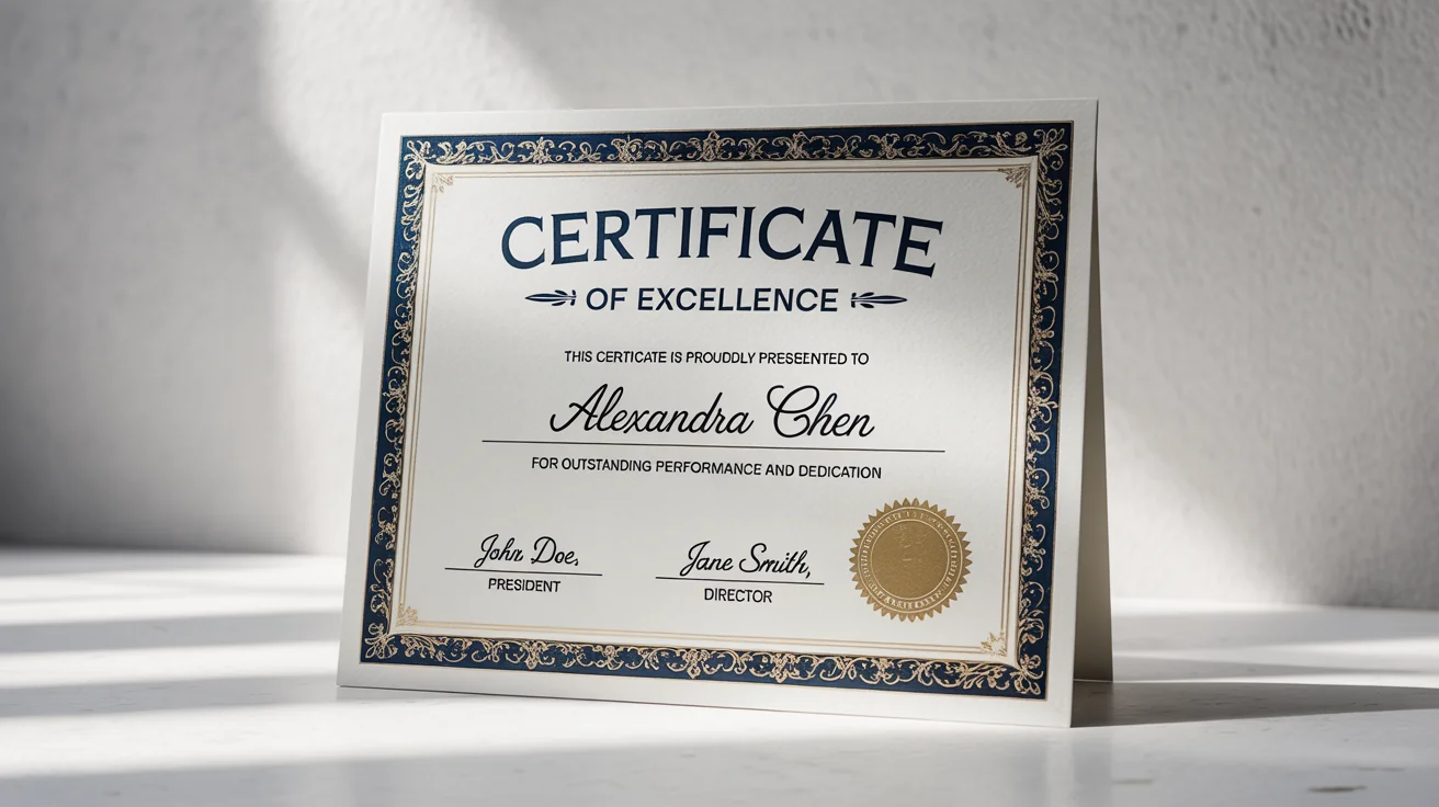 An elegant, professionally designed 'Certificate of Excellence' with a gold and navy blue border, awarded to 'Alexandra Chen', displayed at an angle on a clean white background.