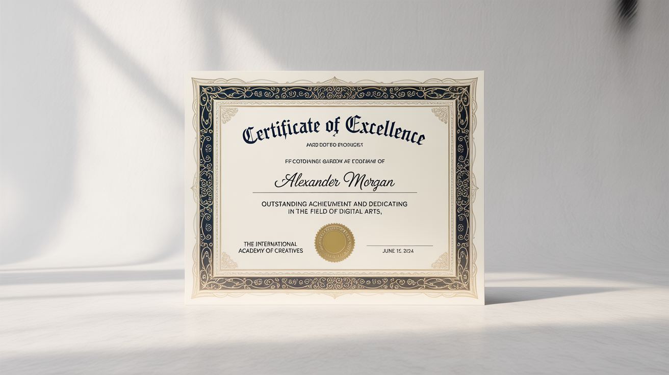 A professionally designed Certificate of Excellence for Alexander Morgan from The International Academy of Creatives, featuring an ornate navy and gold border and a gold foil seal, presented as a mockup on a clean white background.