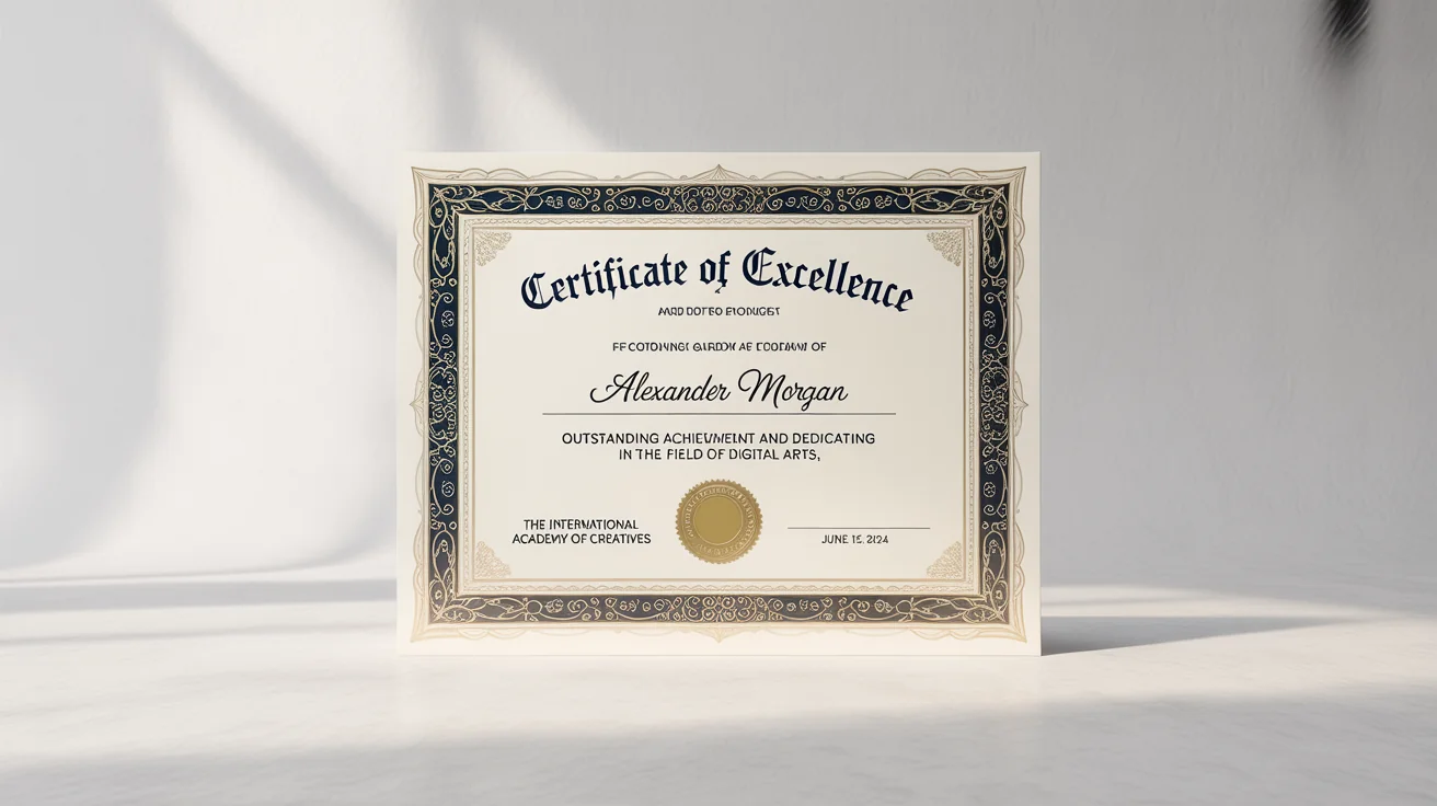 A professionally designed Certificate of Excellence for Alexander Morgan from The International Academy of Creatives, featuring an ornate navy and gold border and a gold foil seal, presented as a mockup on a clean white background.