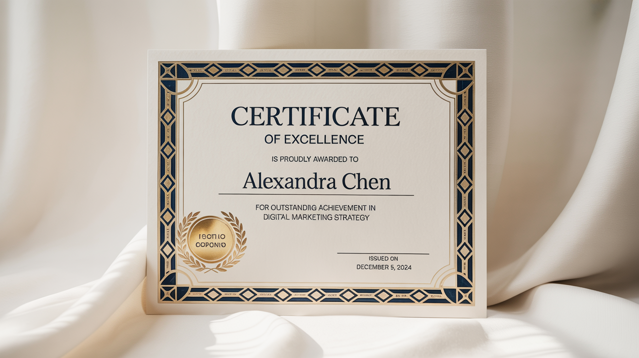 A professional certificate of excellence mockup for 'Alexandra Chen' with an ornate blue and gold border and a gold foil seal, displayed on a plain white background.
