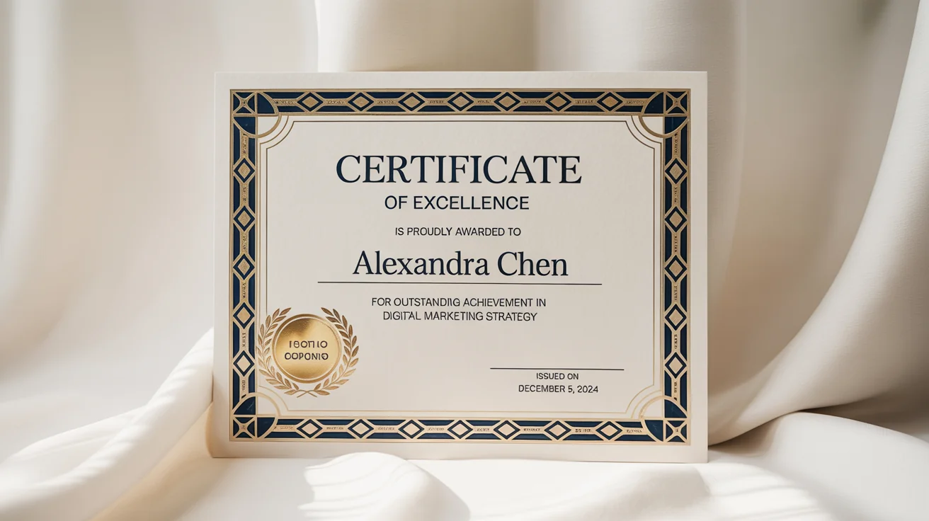 A professional certificate of excellence mockup for 'Alexandra Chen' with an ornate blue and gold border and a gold foil seal, displayed on a plain white background.