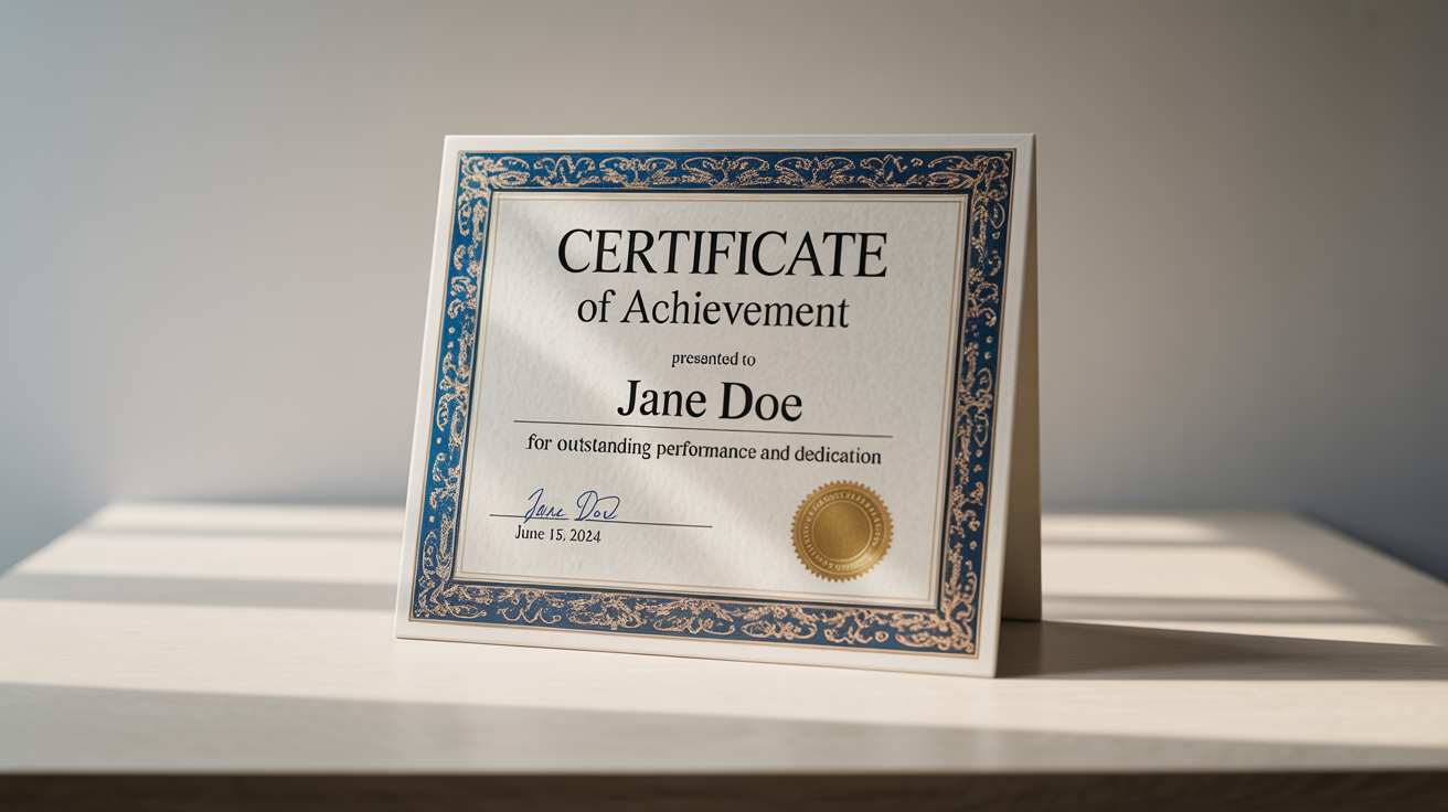 A professionally designed mockup of a Certificate of Achievement with an ornate blue and gold border, displayed on a clean white background to showcase a certificate maker tool.
