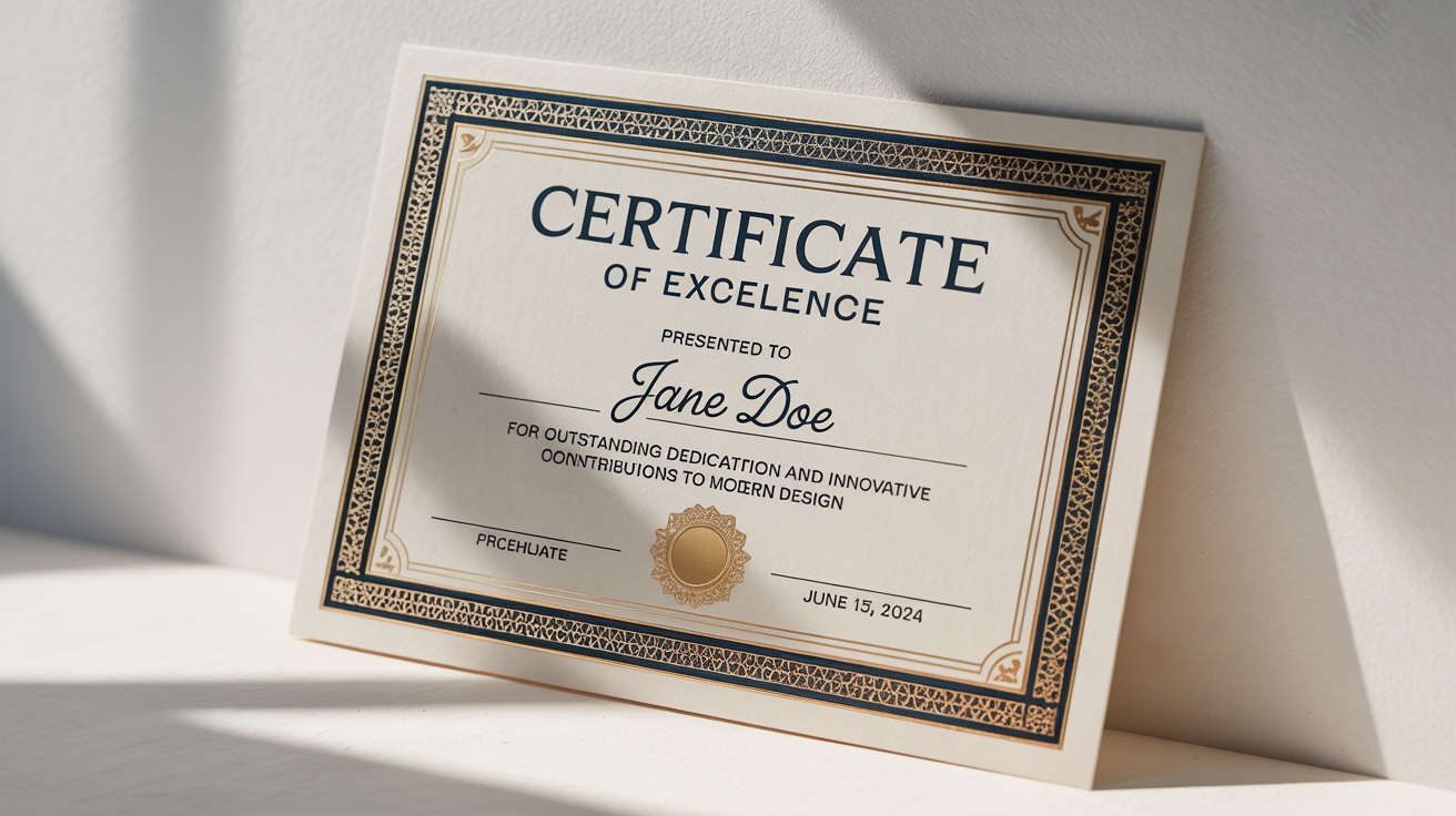 A professionally designed mockup of a Certificate of Excellence, featuring gold foil details and elegant typography, displayed on a clean white background.