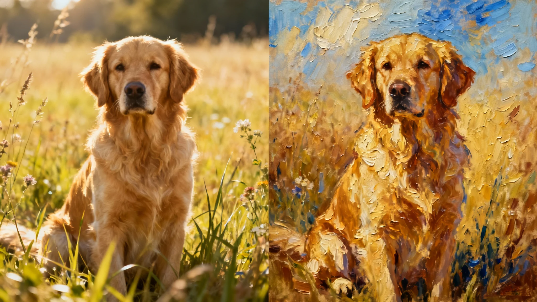 A hero image demonstrating a photo-to-painting effect. The image is split vertically: the left half is a realistic photograph of a golden retriever, and the right half is a beautiful, textured oil painting of the same dog.