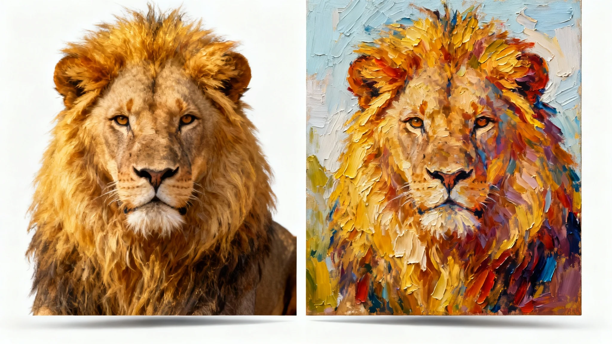 A split image demonstrating a 'turn image into painting' feature, with the left side showing a realistic photo of a lion and the right side showing the same image as an oil painting.