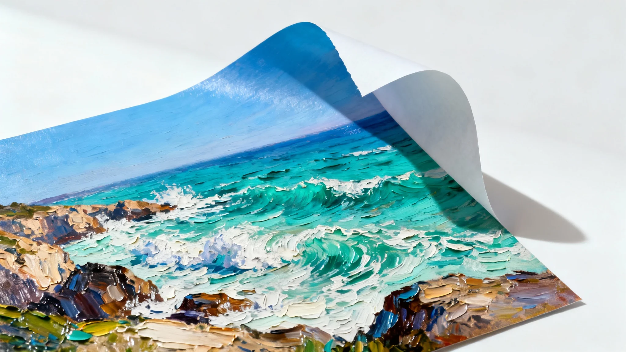 A conceptual image showing a photograph of a coastal landscape peeling back to reveal a rich oil painting of the same scene, demonstrating the process of turning a picture into a painting.