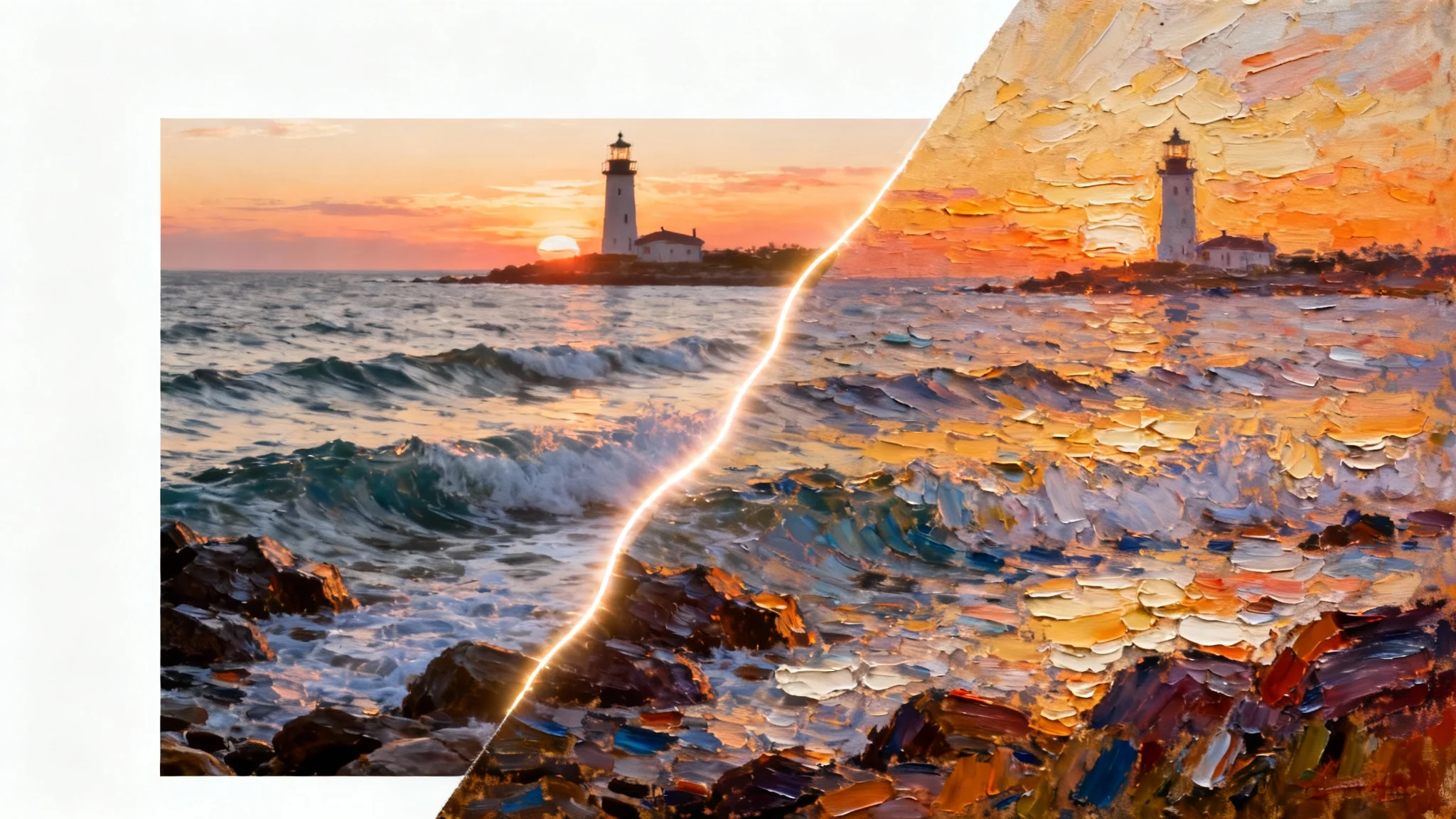 A striking image showing a coastal lighthouse scene, half as a realistic photograph and half as a textured oil painting, demonstrating a photo-to-painting transformation.