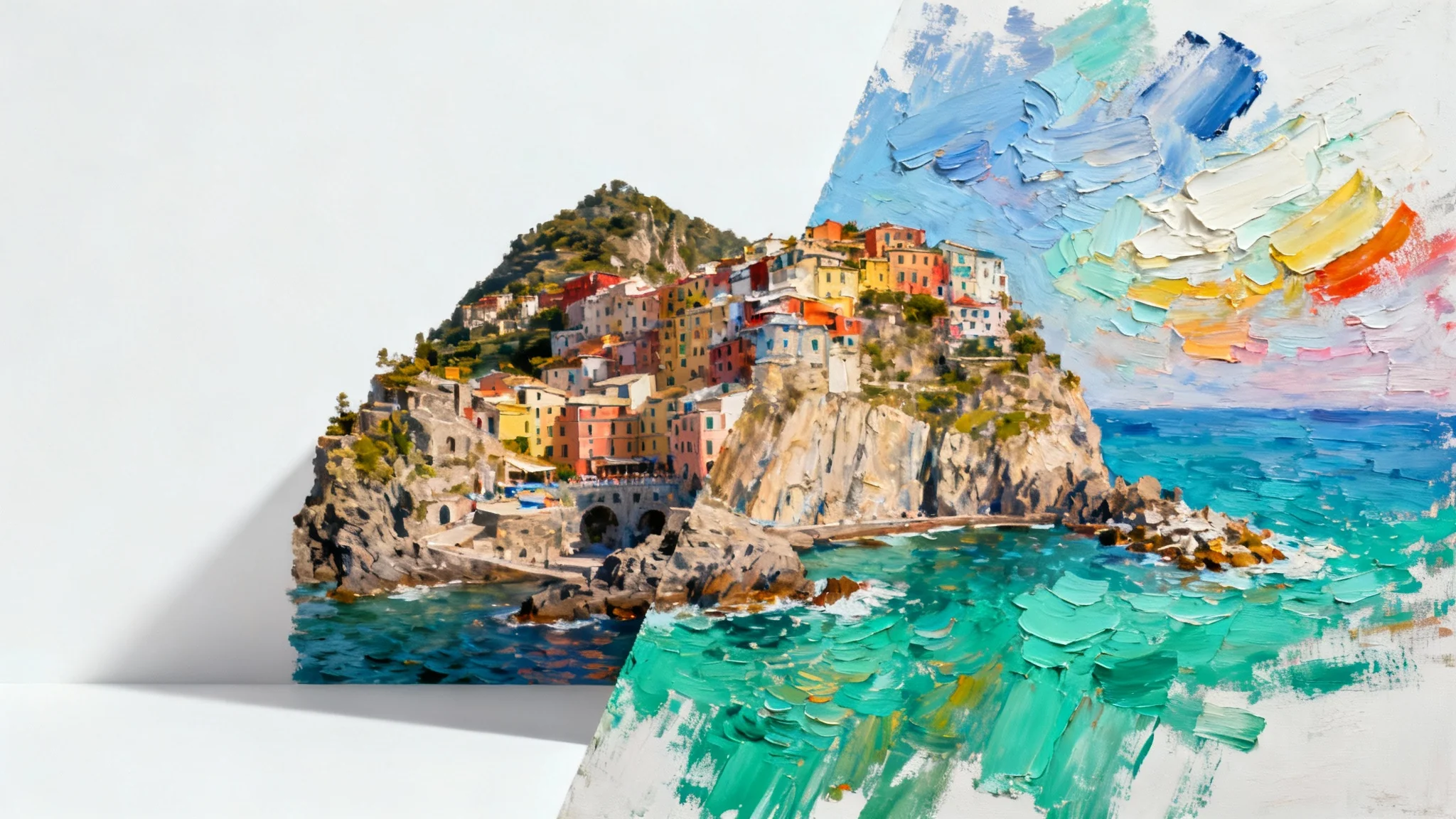 A conceptual image showing a scene split diagonally. The left side is a photograph of a coastal village, and the right side is the same scene transformed into a beautiful, textured oil painting.