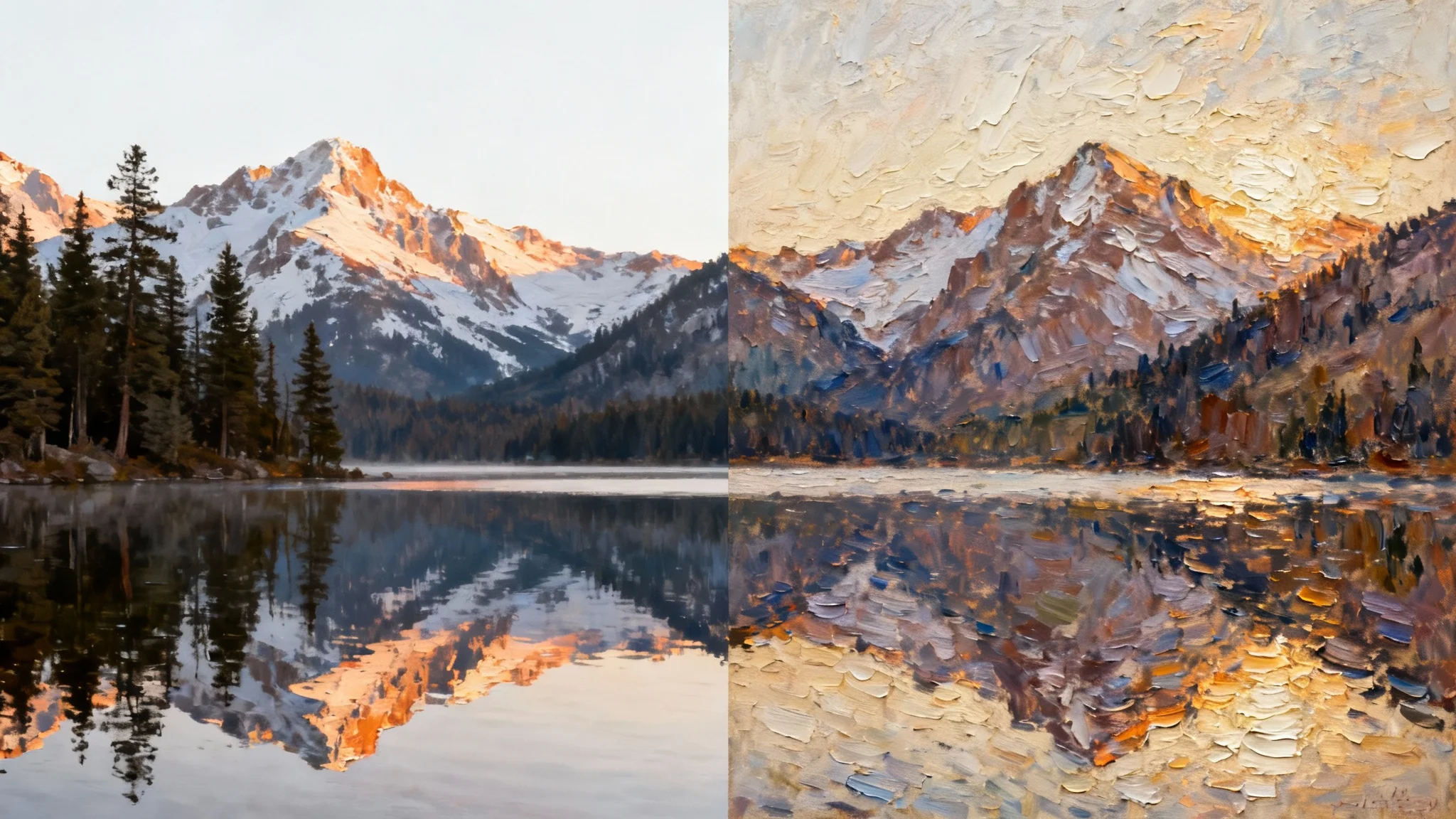 A before-and-after image showing a transformation from photo to painting. The left side is a crisp photograph of a mountain lake, and the right side is the same scene rendered as a vibrant, textured oil painting.