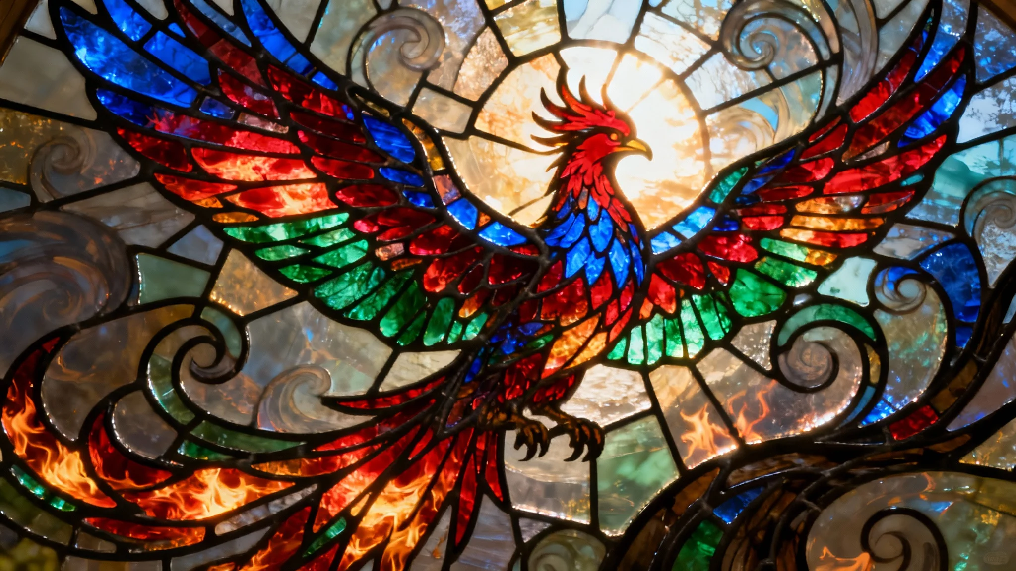 A beautiful, wide-angle image of a stained glass window showing a majestic phoenix with colorful feathers of red, orange, and blue. Sunlight illuminates the glass from behind, making it glow.