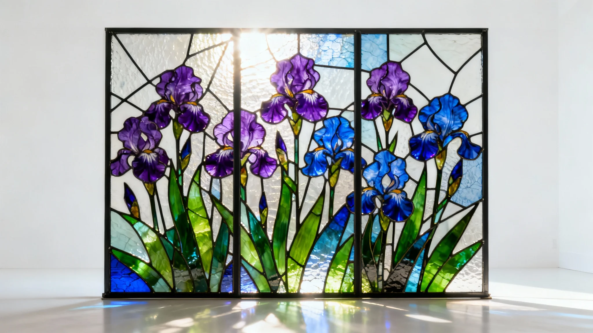 A beautiful stained glass panel featuring a vibrant floral design of purple irises, set against a clean white background, with light illuminating the colors from behind.