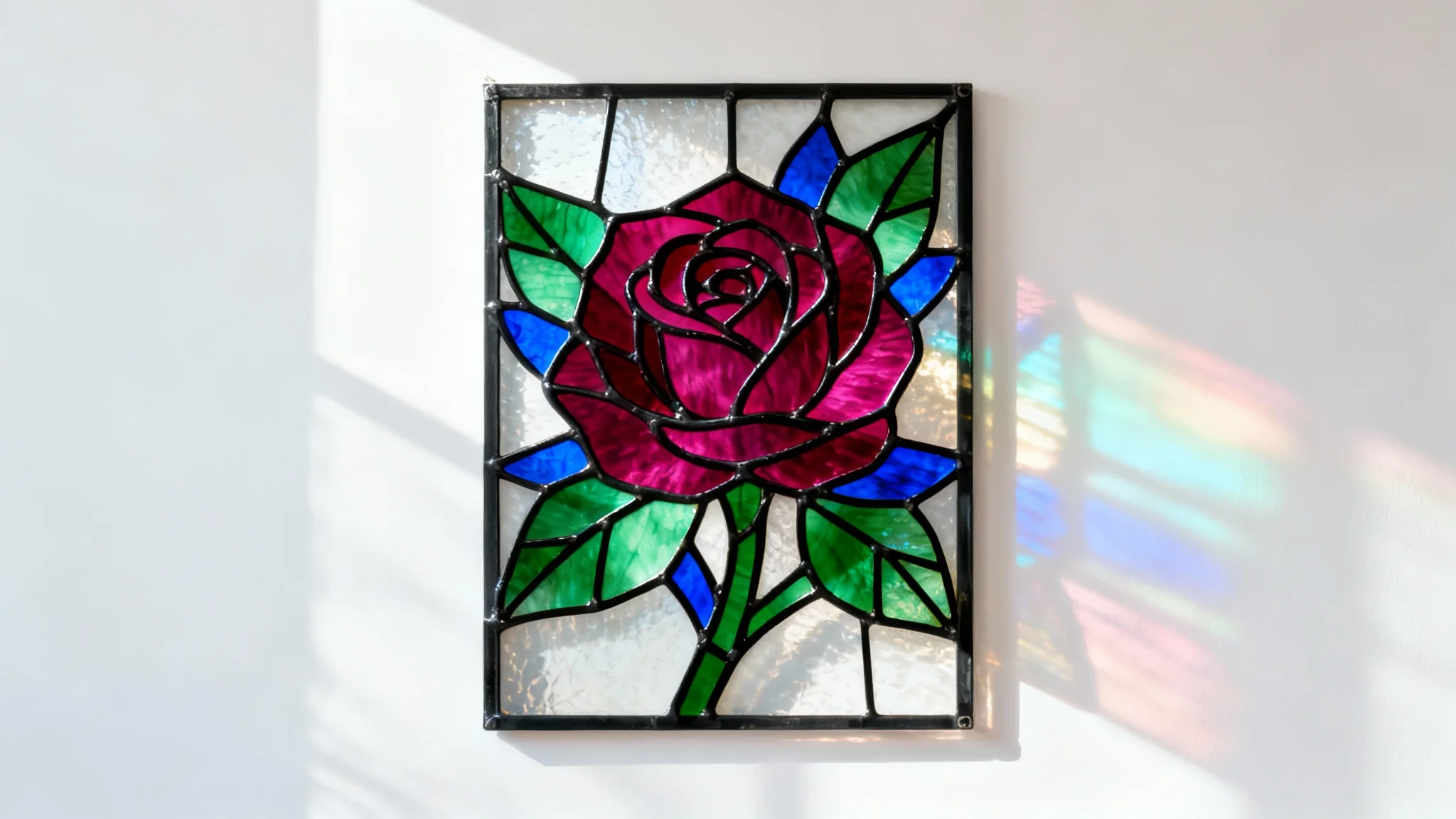 A beautifully crafted stained glass panel featuring a floral and rose design, glowing with sunlight from behind and casting colorful light onto a clean white background.