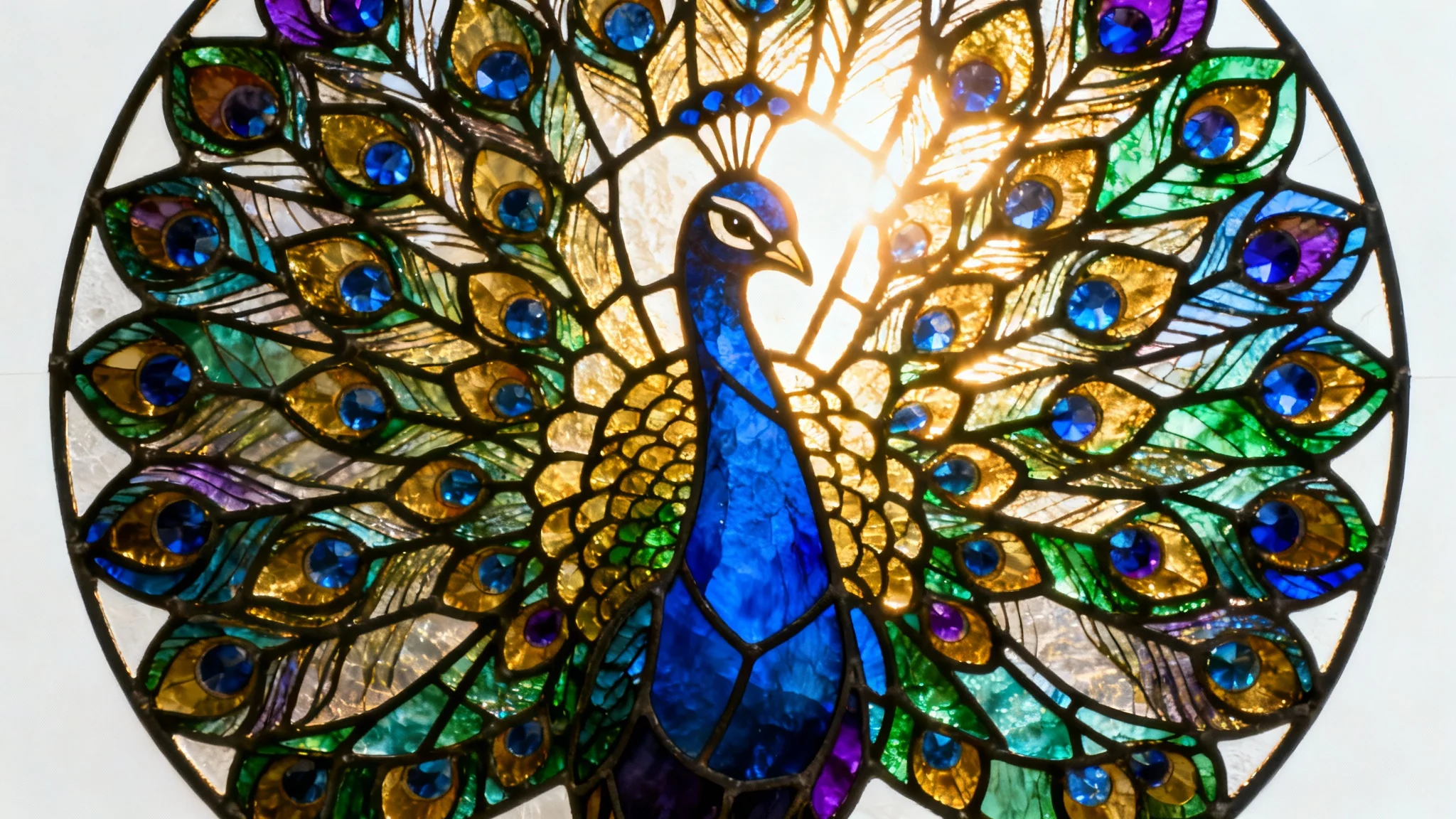 A photorealistic mockup of a large, circular stained glass window featuring a vibrant peacock with its tail feathers spread, isolated against a clean white background.