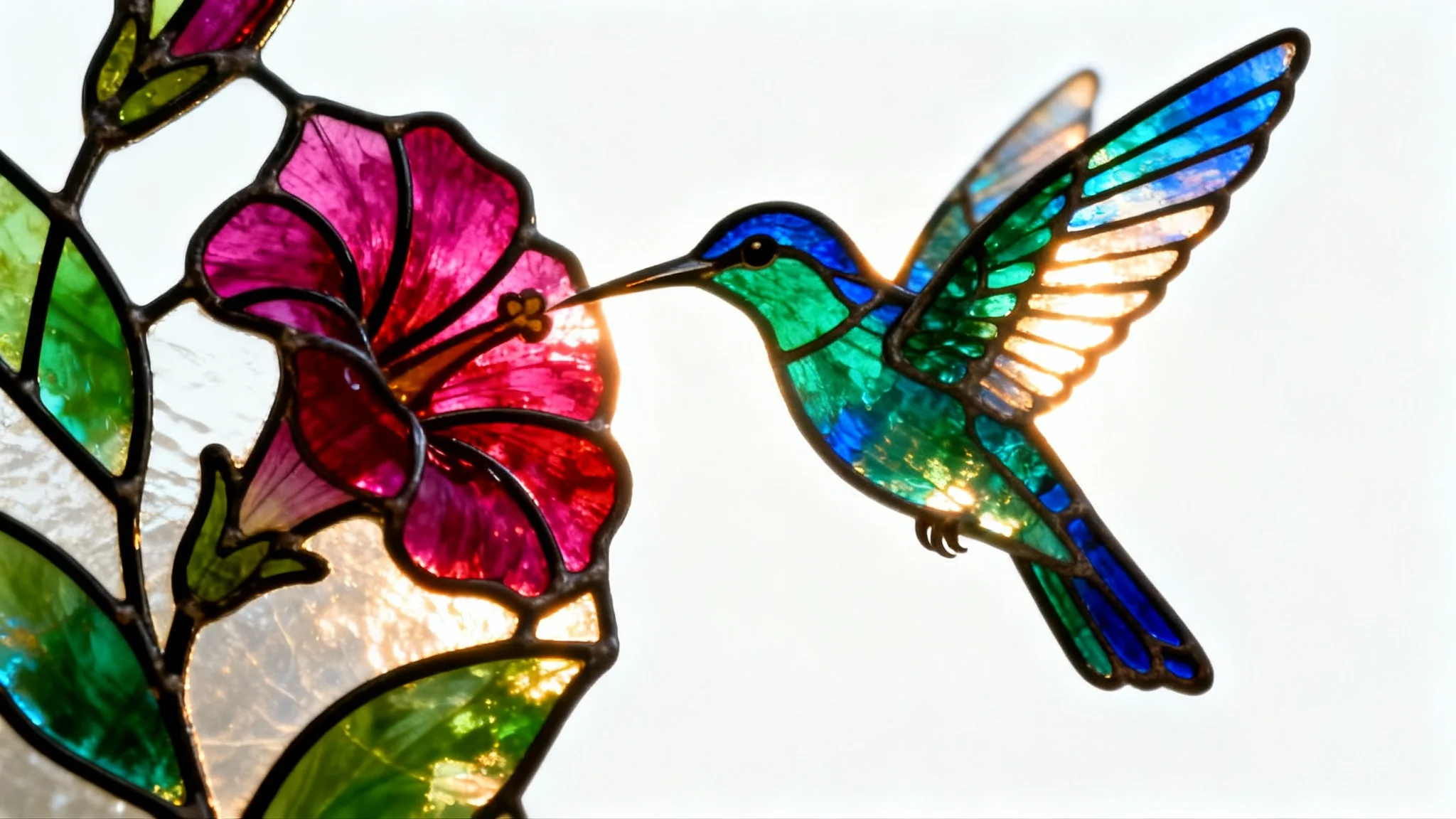 A detailed mockup of a beautiful stained glass panel showing a colorful hummingbird and a flower, illuminated from behind on a plain white background.