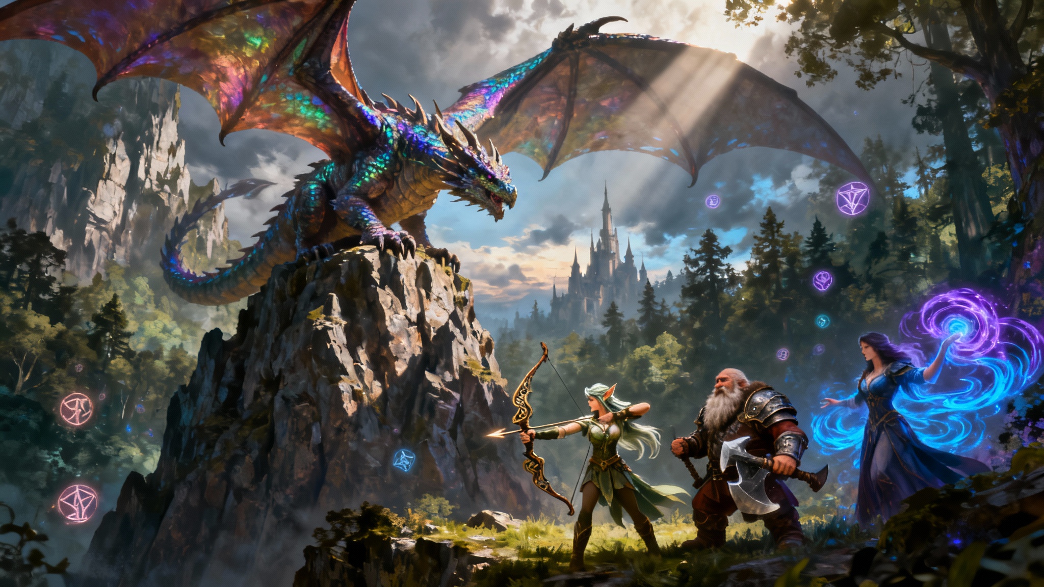 An epic digital painting of a Dungeons & Dragons scene where a large dragon on a cliff overlooks a party of adventurers—an elf, a dwarf, and a sorceress—who are preparing to fight it in a magical forest.
